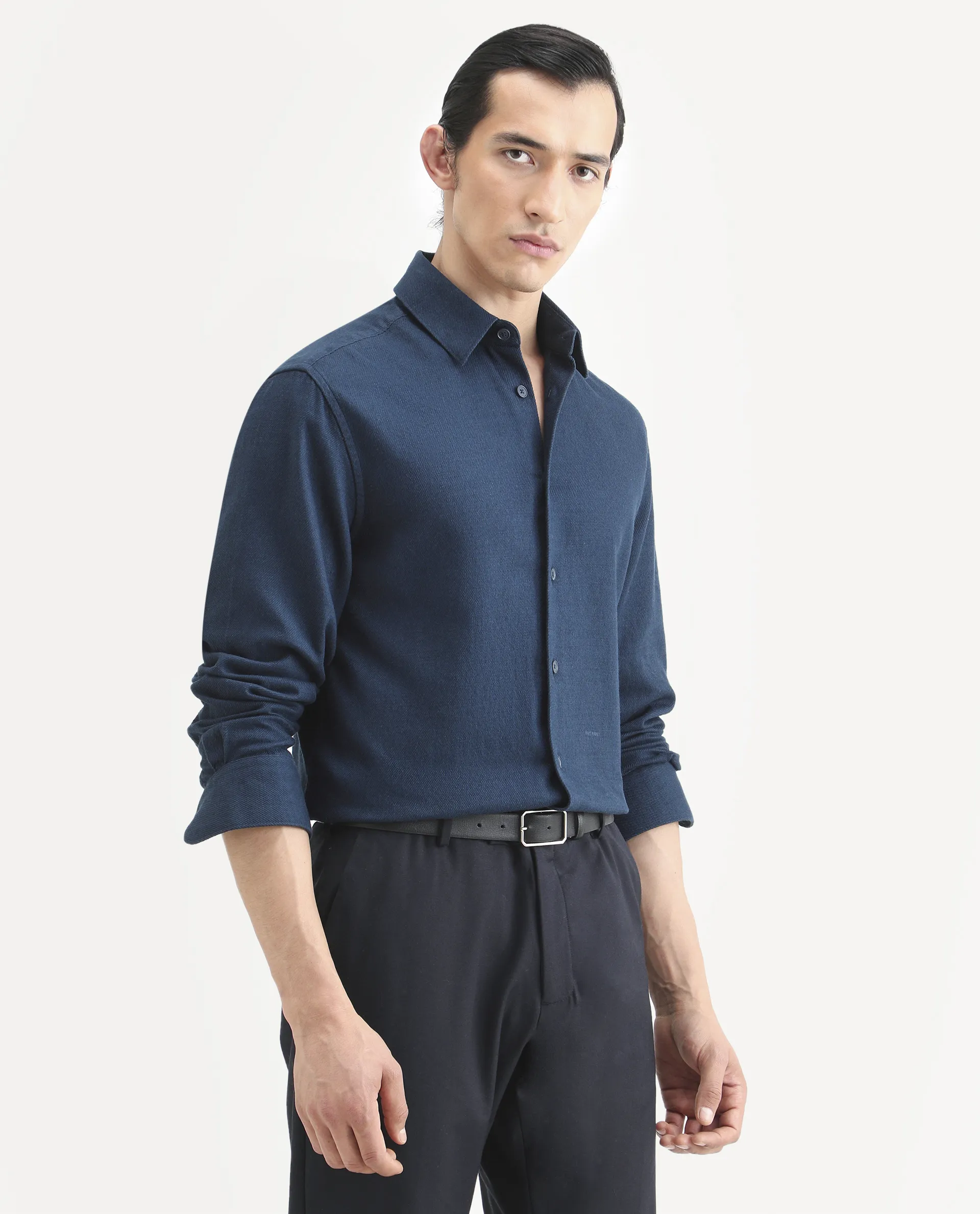 Rare Rabbit Men's Berk-Fs Navy Cotton Fabric Full Sleeve Regular Fit Plain Shirt - Image 7