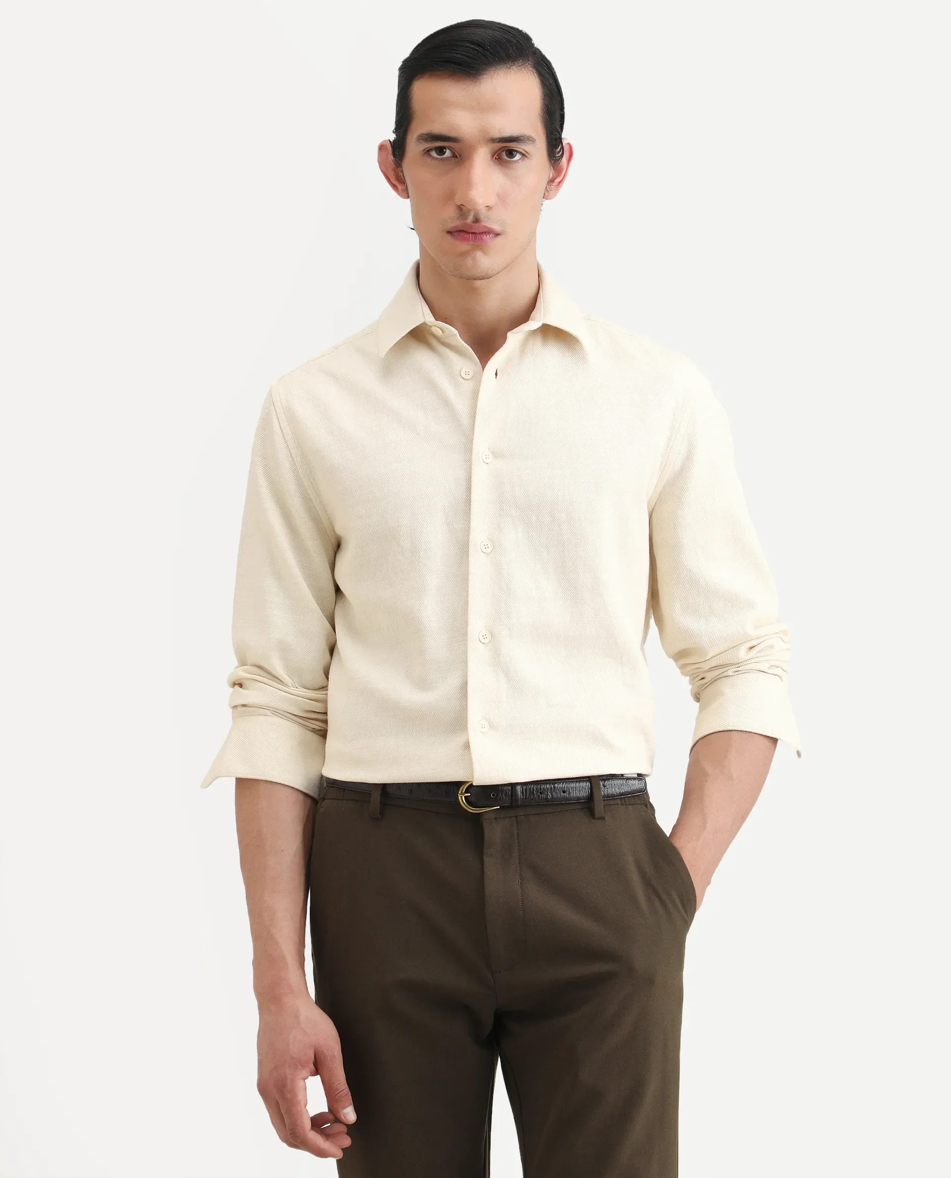 Rare Rabbit Men's Berk-Fs Off White Cotton Fabric Full Sleeve Regular Fit Plain Shirt - Image 3