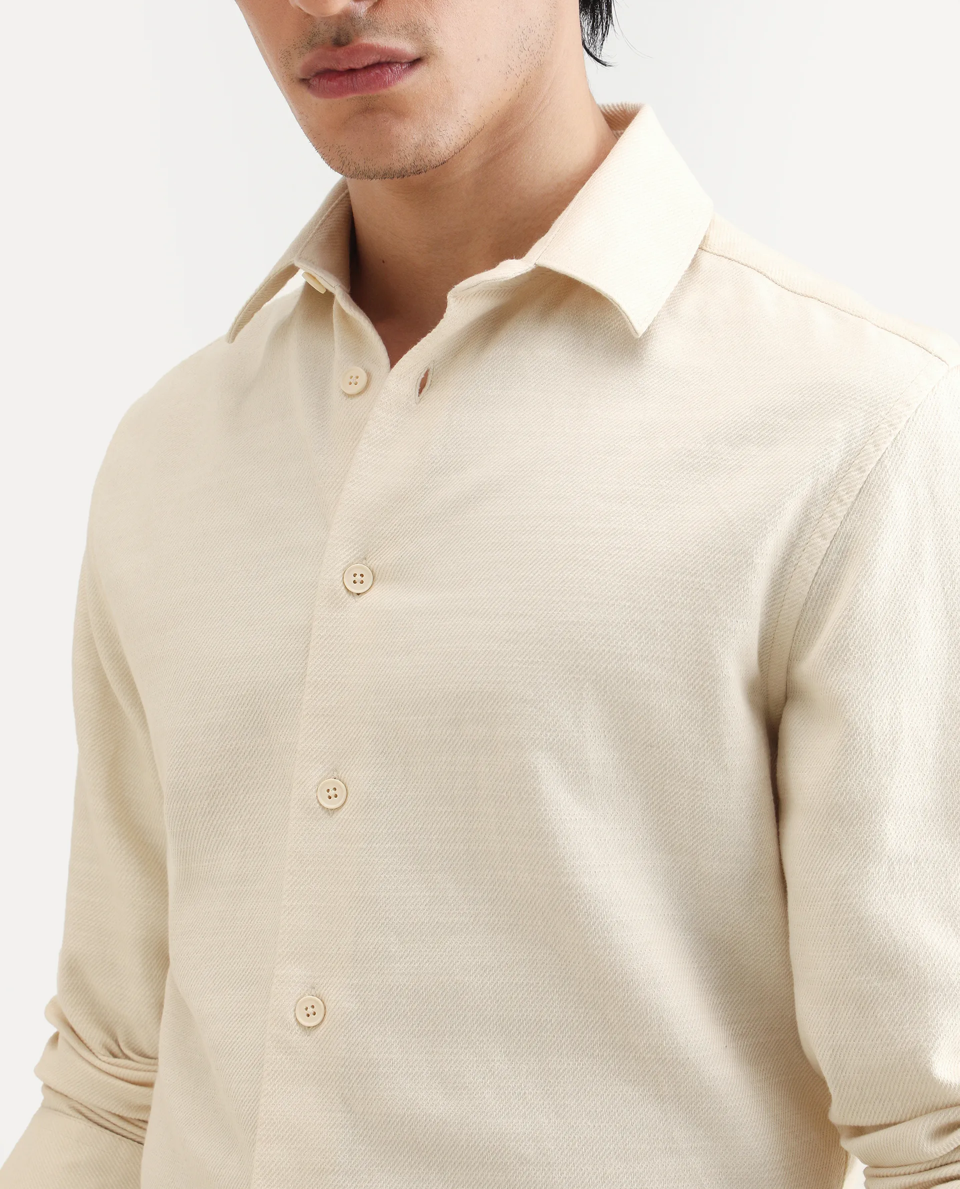 Rare Rabbit Men's Berk-Fs Off White Cotton Fabric Full Sleeve Regular Fit Plain Shirt - Image 4