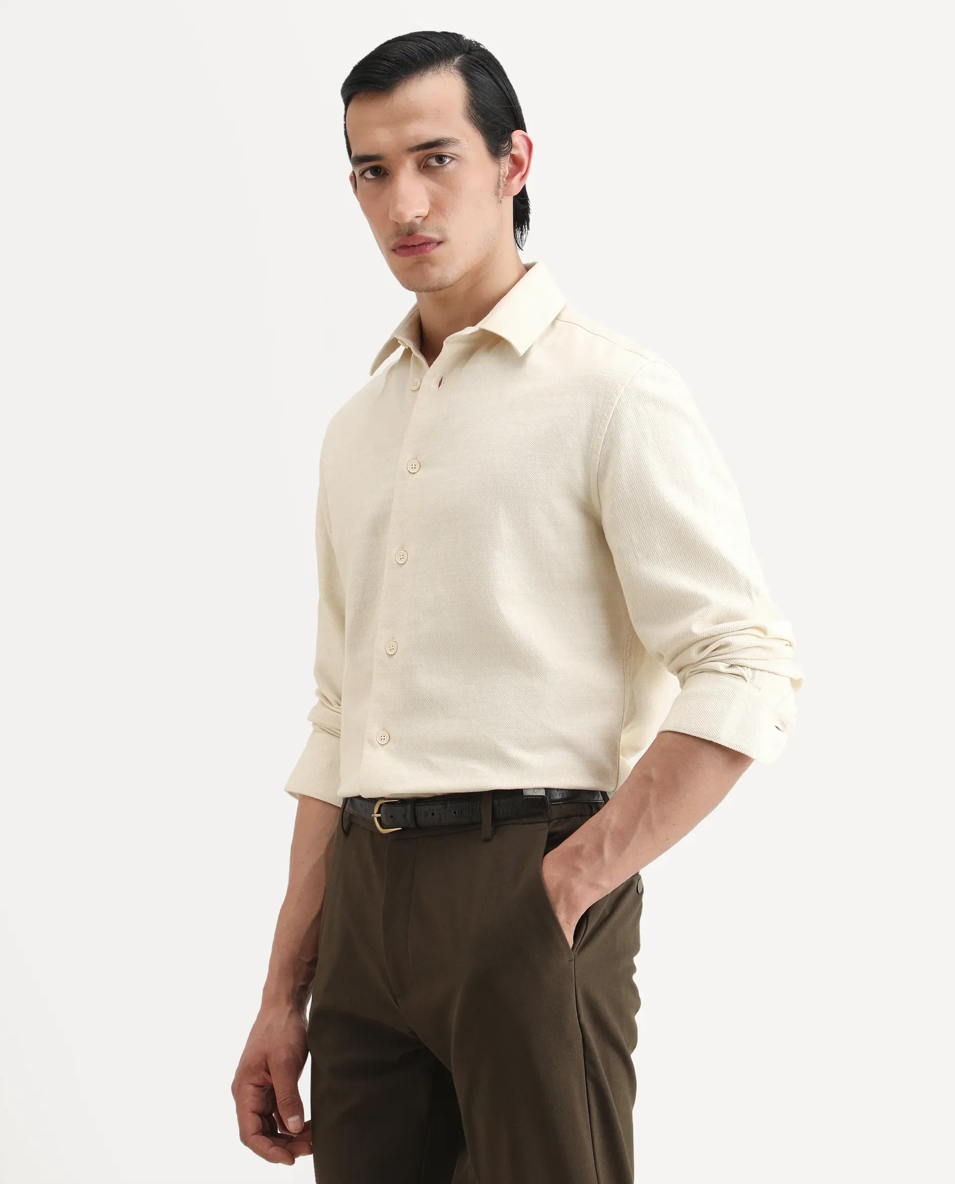 Rare Rabbit Men's Berk-Fs Off White Cotton Fabric Full Sleeve Regular Fit Plain Shirt - Image 5