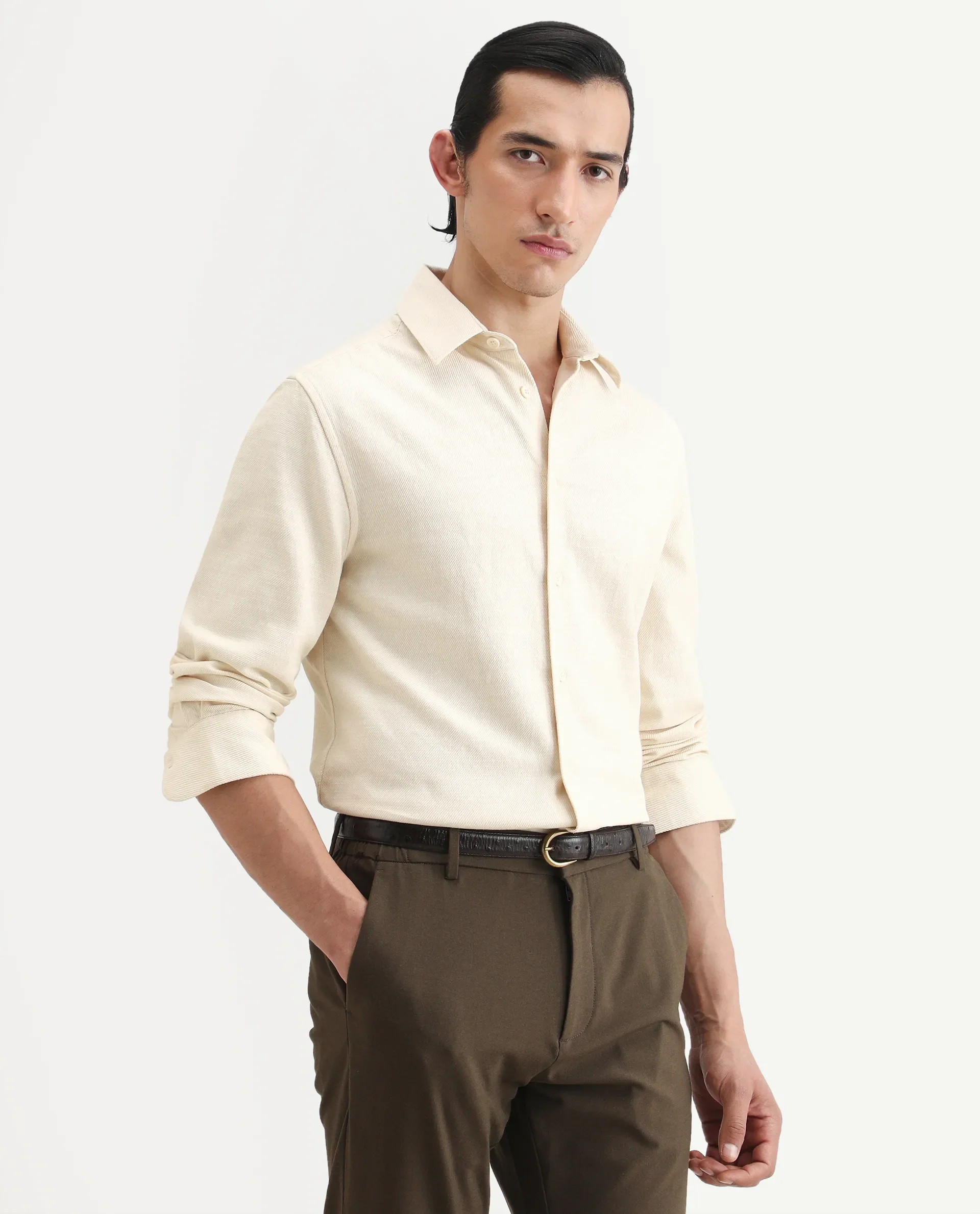Rare Rabbit Men's Berk-Fs Off White Cotton Fabric Full Sleeve Regular Fit Plain Shirt - Image 6