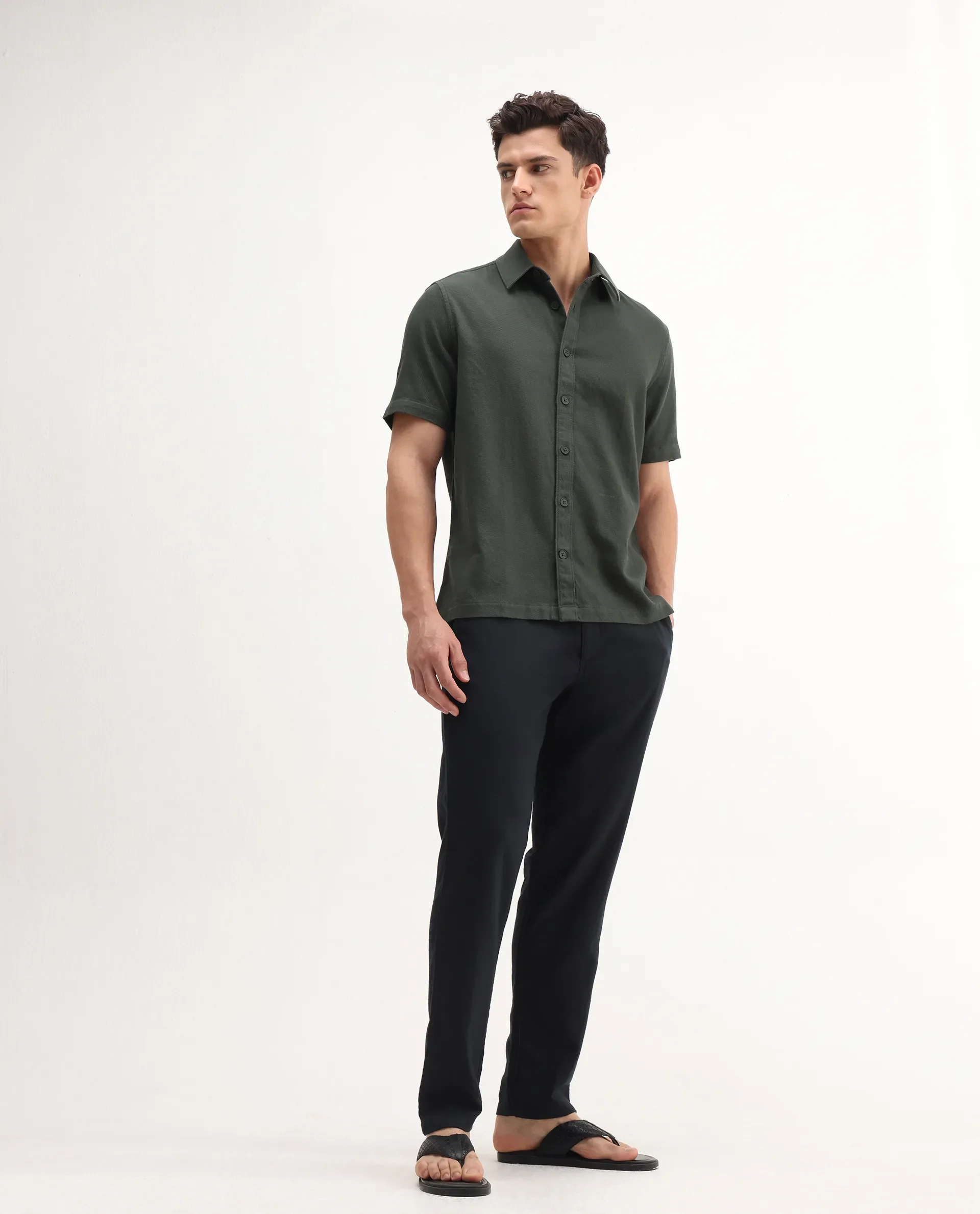 Rare Rabbit Men's Berk-Ss Olive Cotton Plain Regular Fit Half Sleeve Spread Collar Shirt - Image 2