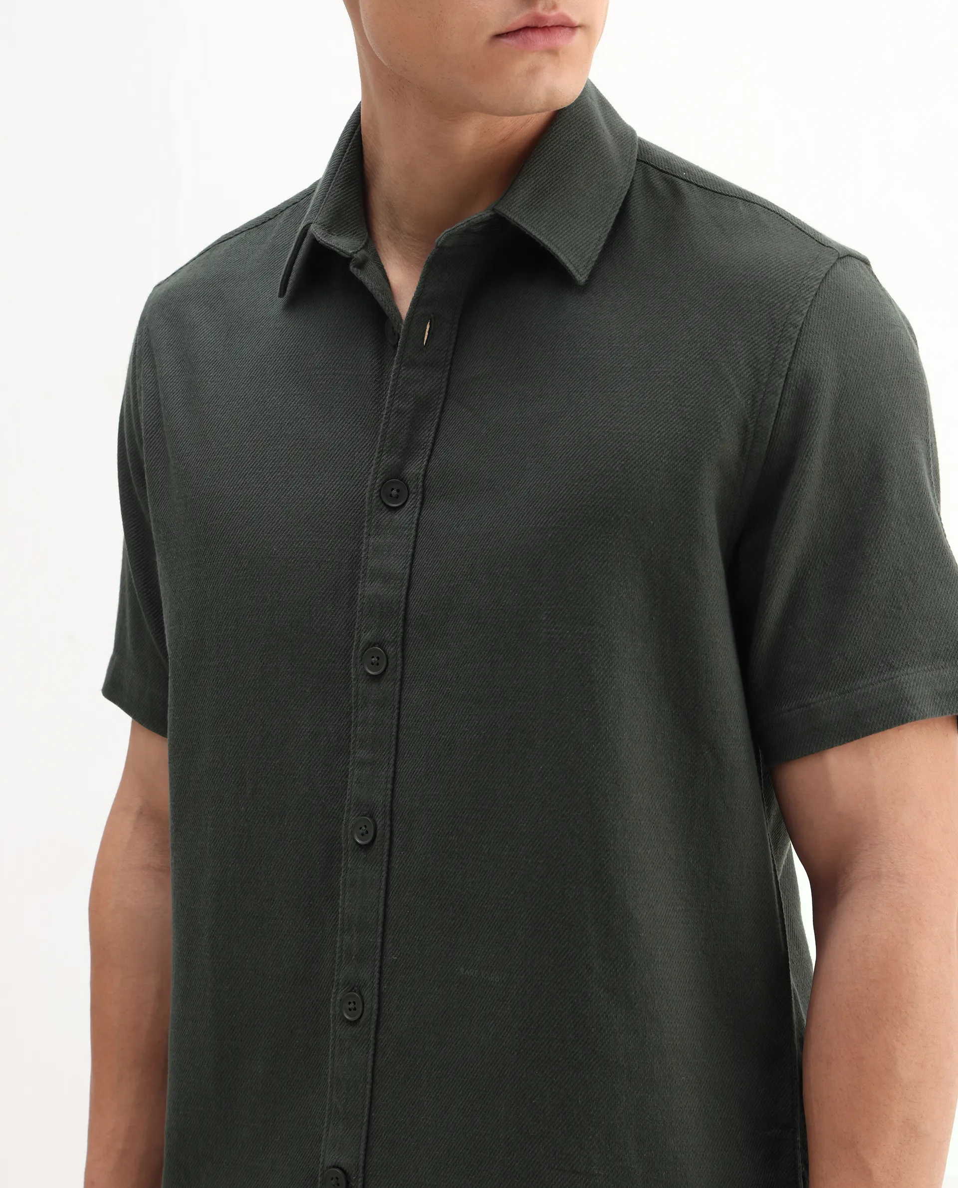 Rare Rabbit Men's Berk-Ss Olive Cotton Plain Regular Fit Half Sleeve Spread Collar Shirt - Image 3