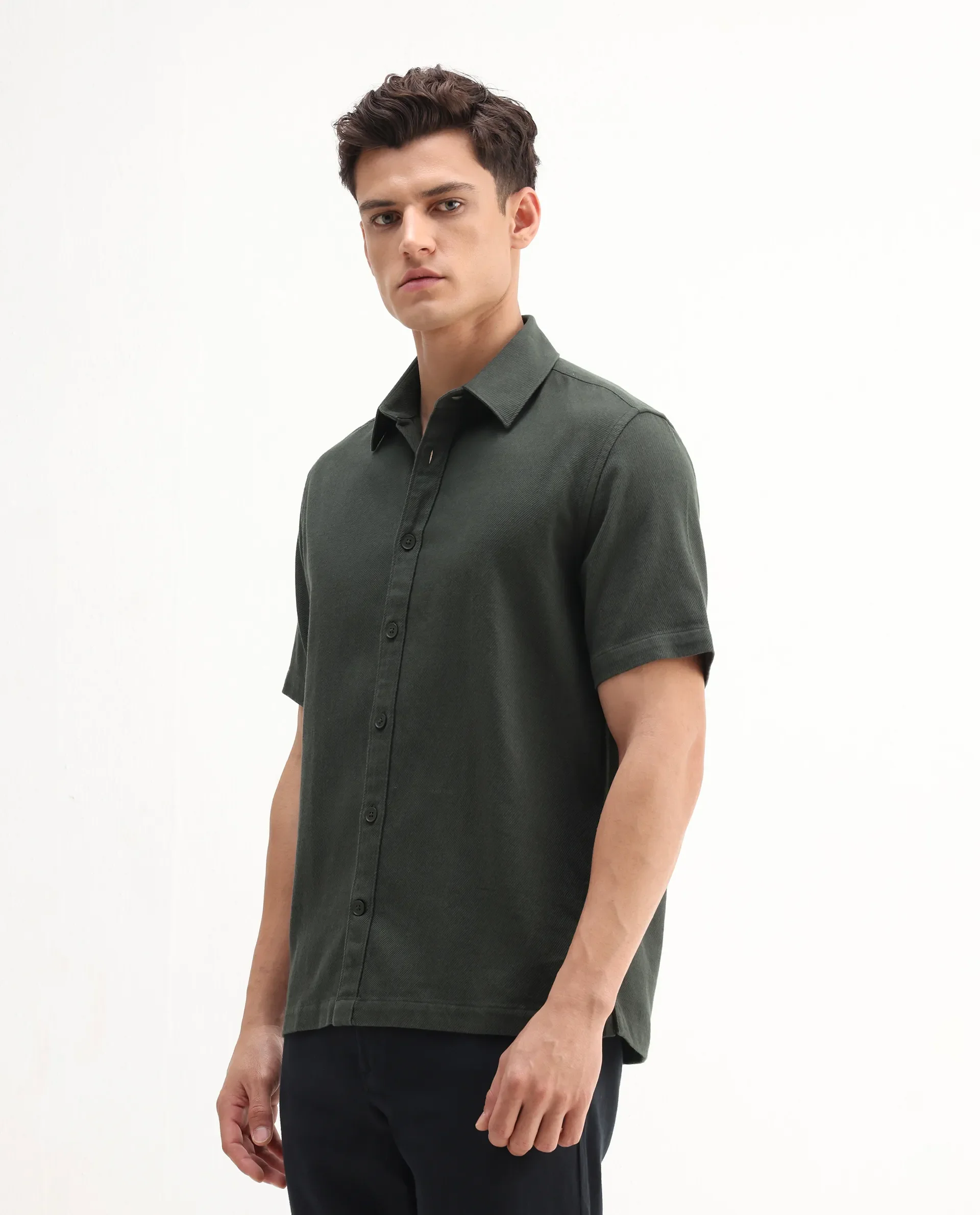 Rare Rabbit Men's Berk-Ss Olive Cotton Plain Regular Fit Half Sleeve Spread Collar Shirt - Image 4