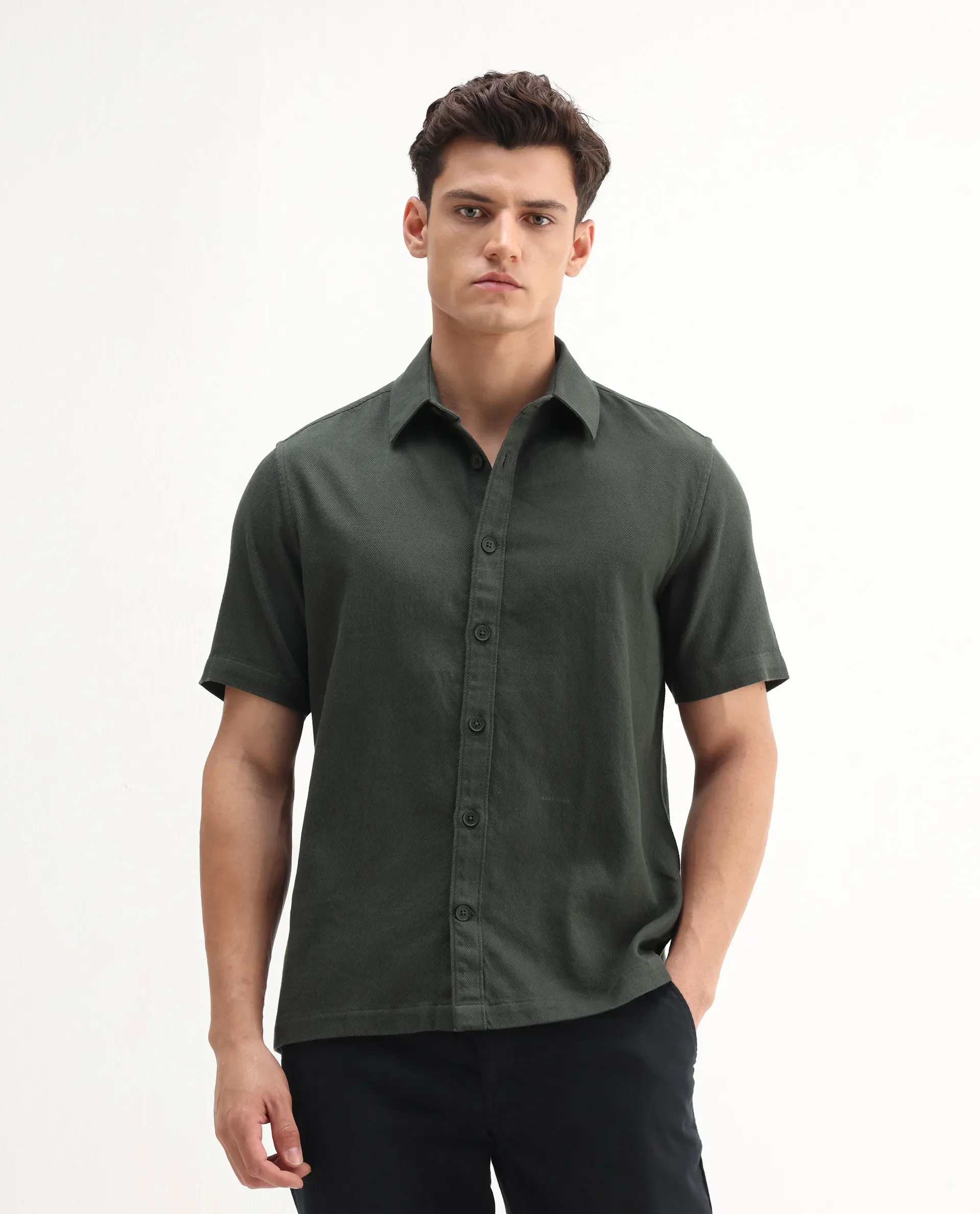Rare Rabbit Men's Berk-Ss Olive Cotton Plain Regular Fit Half Sleeve Spread Collar Shirt - Image 5