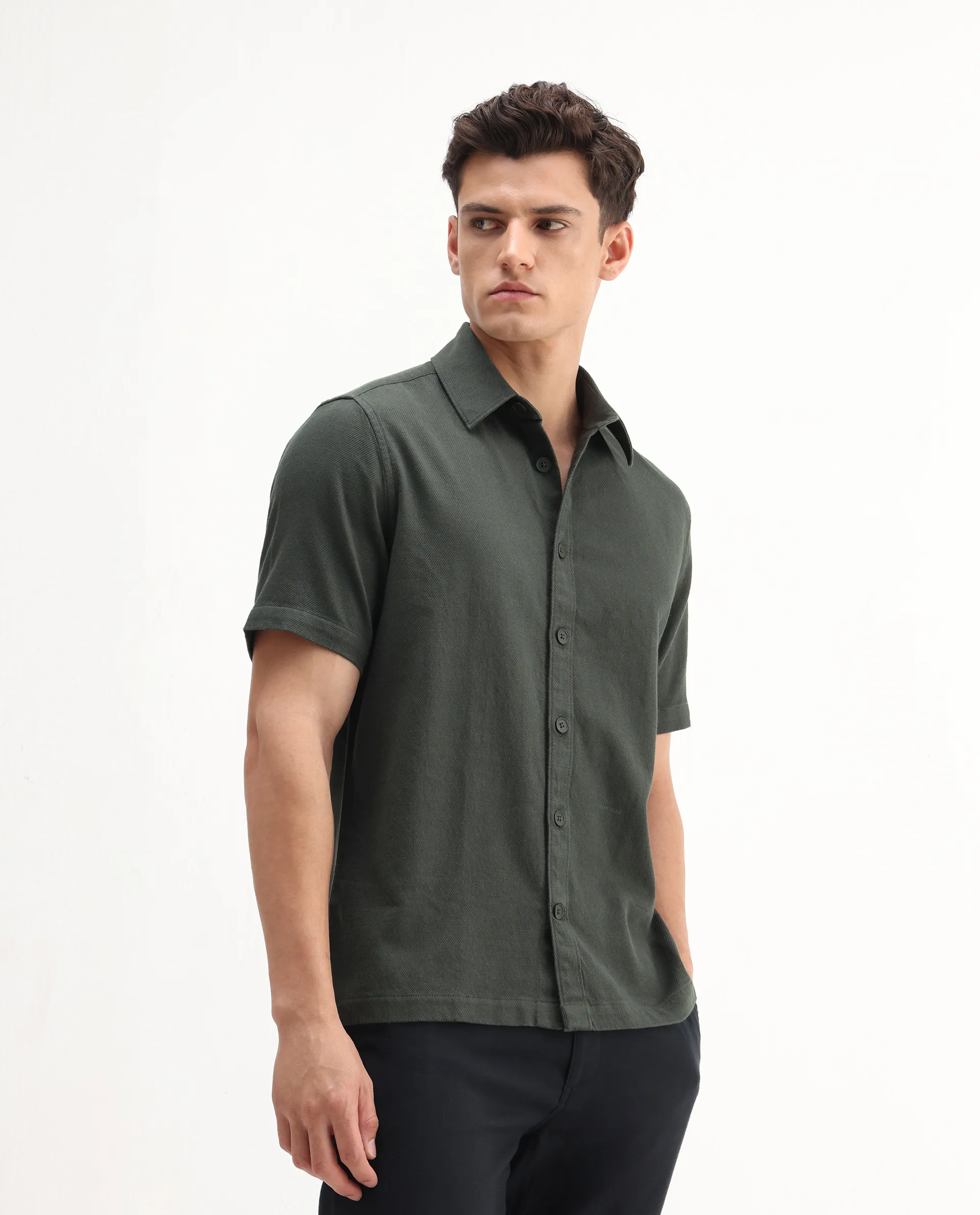 Rare Rabbit Men's Berk-Ss Olive Cotton Plain Regular Fit Half Sleeve Spread Collar Shirt - Image 6