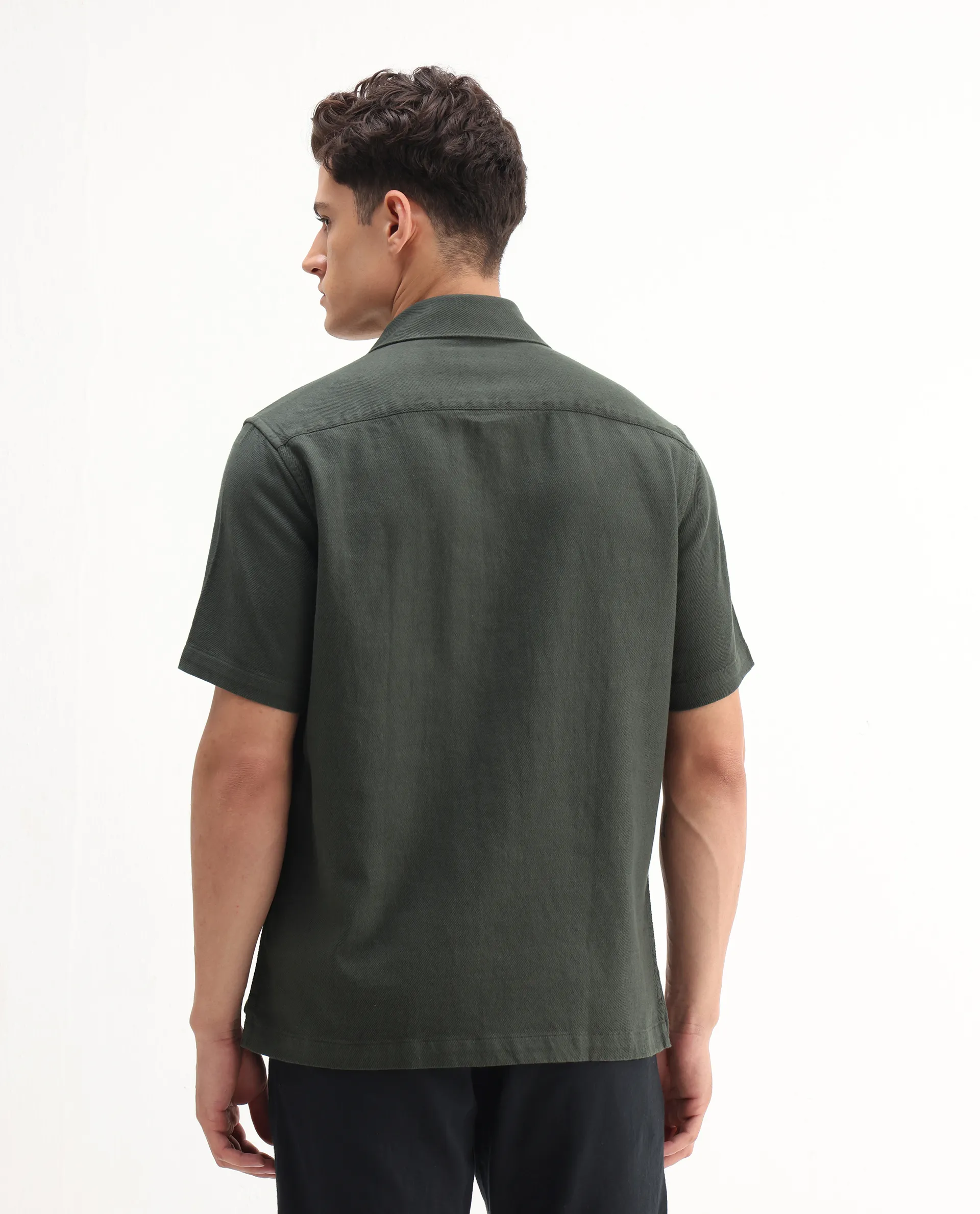 Rare Rabbit Men's Berk-Ss Olive Cotton Plain Regular Fit Half Sleeve Spread Collar Shirt - Image 7