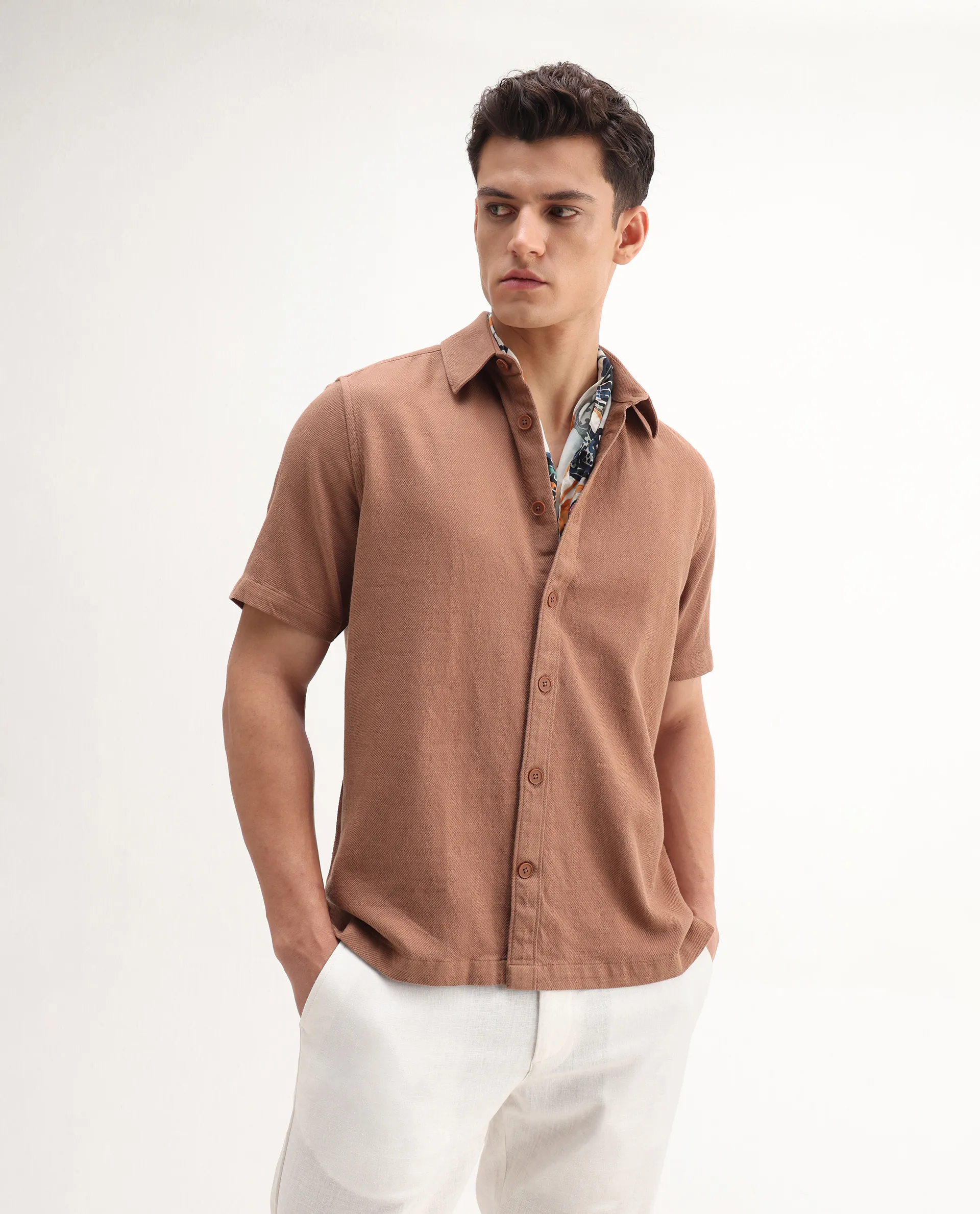 Rare Rabbit Men's Berk-Ss Rust Cotton Plain Regular Fit Half Sleeve Spread Collar Shirt - Image 2