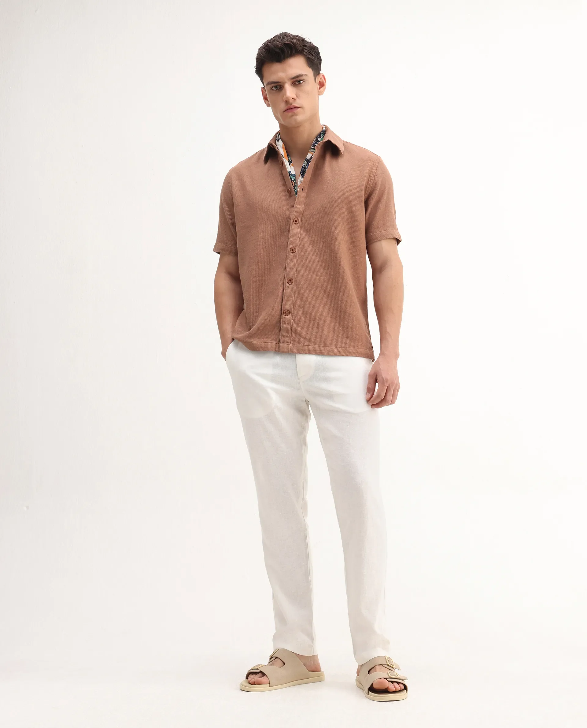 Rare Rabbit Men's Berk-Ss Rust Cotton Plain Regular Fit Half Sleeve Spread Collar Shirt - Image 3