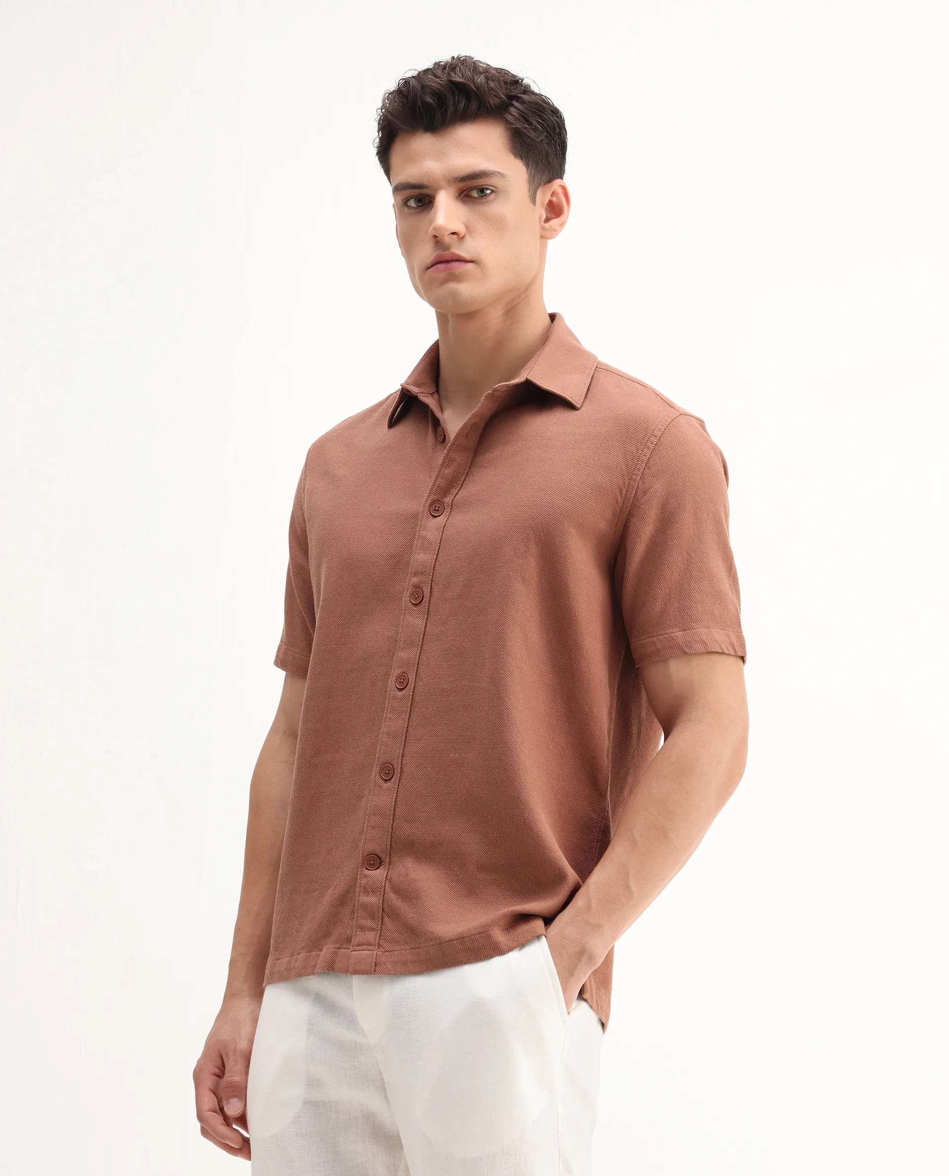 Rare Rabbit Men's Berk-Ss Rust Cotton Plain Regular Fit Half Sleeve Spread Collar Shirt - Image 5