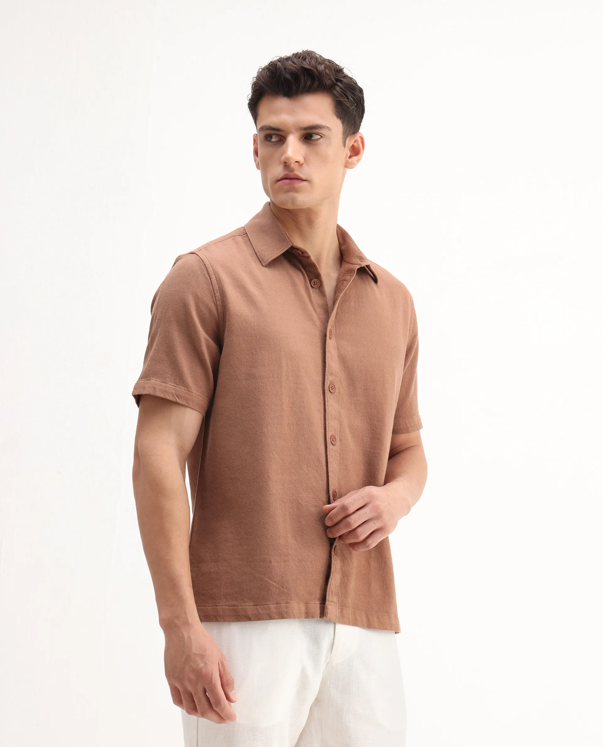 Rare Rabbit Men's Berk-Ss Rust Cotton Plain Regular Fit Half Sleeve Spread Collar Shirt - Image 6