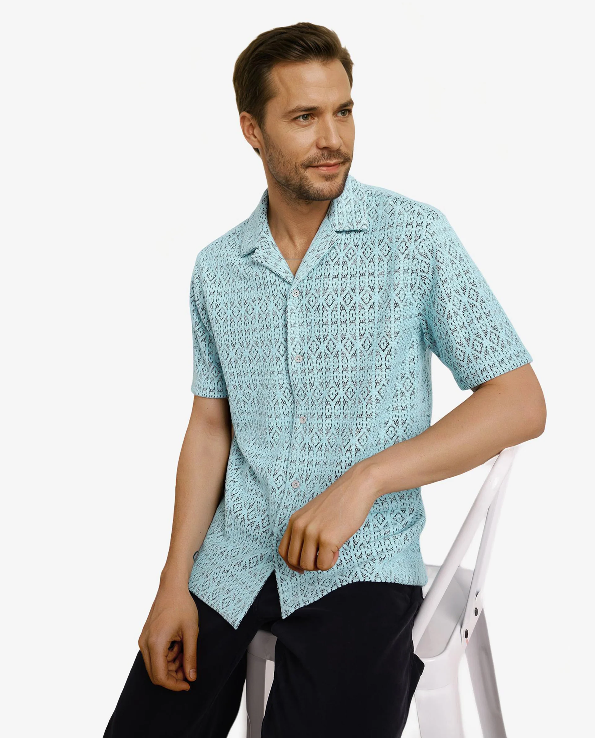 Rare Rabbit Men's Berlin Light Blue Plain Boxy Fit Half Sleeve Cuban Collar Shirt - Image 4