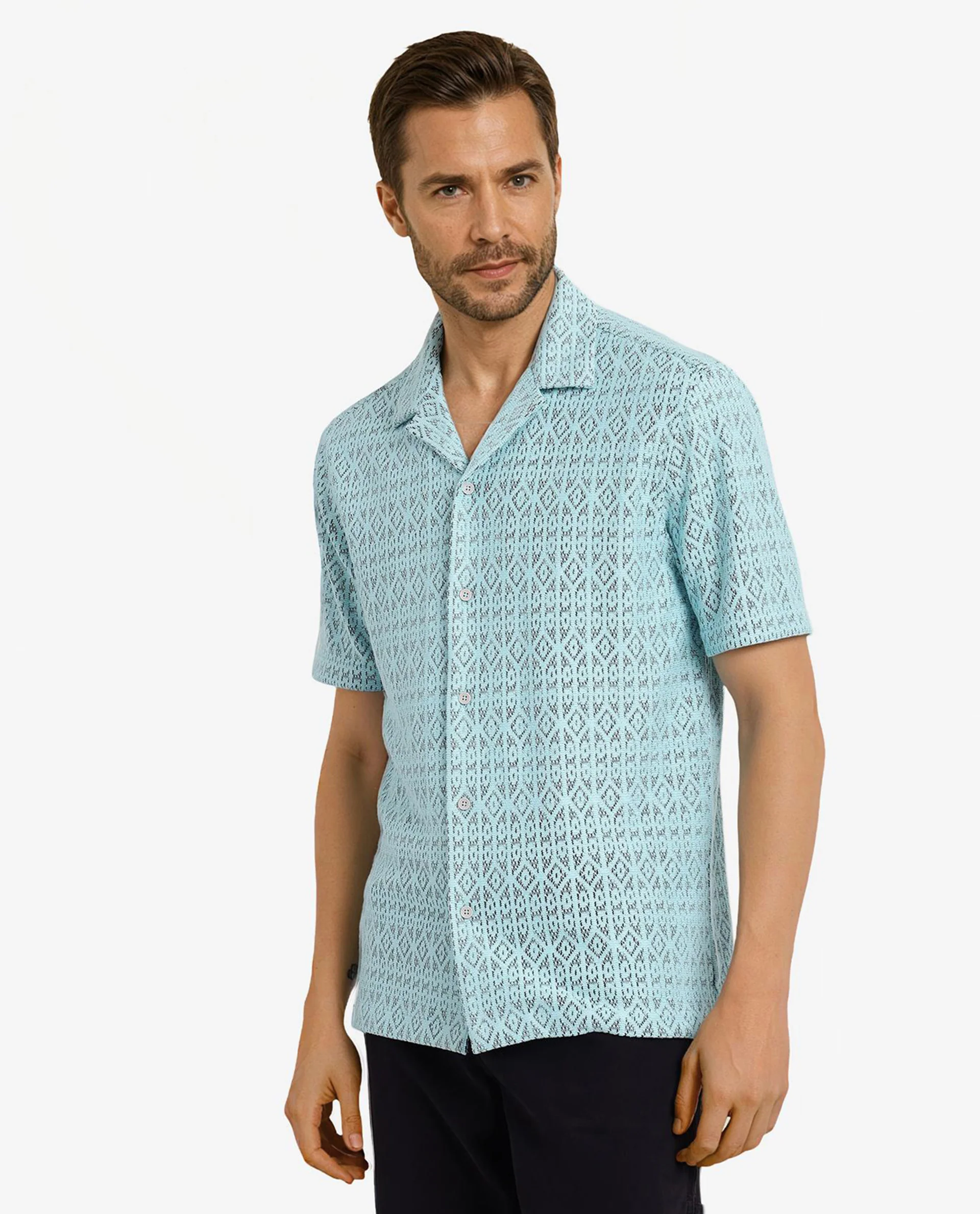 Rare Rabbit Men's Berlin Light Blue Plain Boxy Fit Half Sleeve Cuban Collar Shirt - Image 7