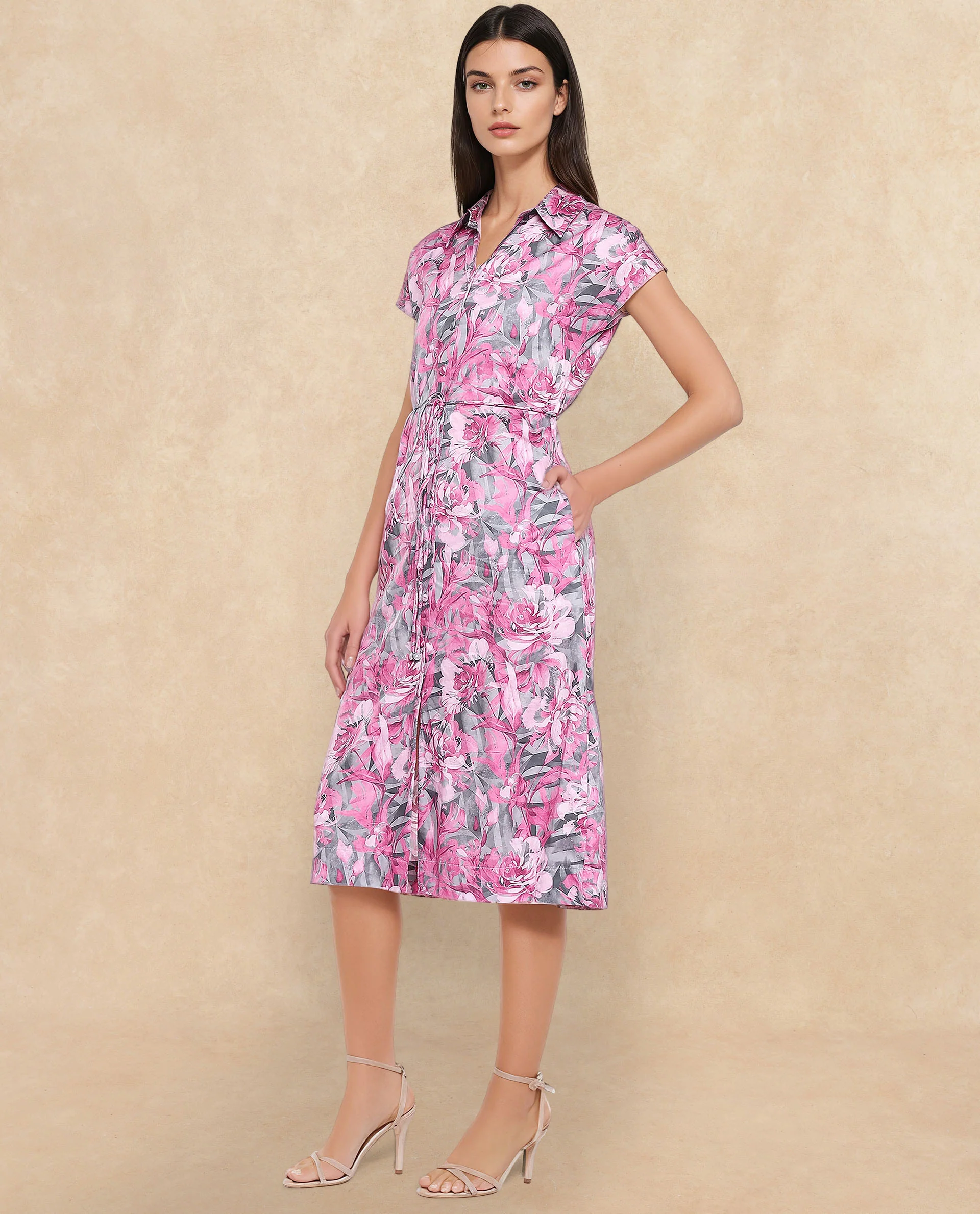 Rareism Women's Berlong Multi Cotton Blend Drop Collar Floral Print Midi A-Line Dress - Image 3