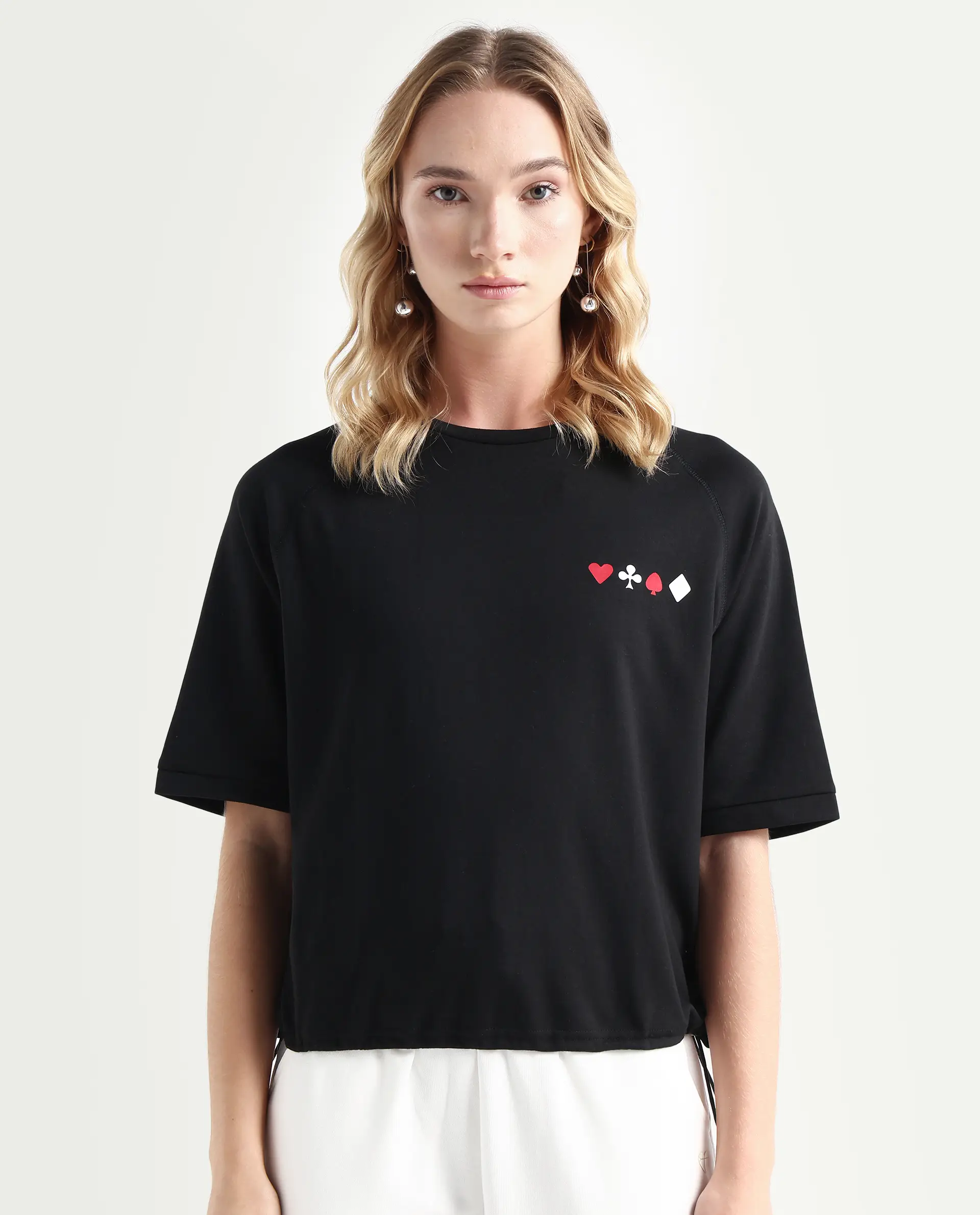 Rareism Women's Berly Black Cotton Blend Crew Neck Graphic Print Relaxed Fit T-Shirt - Image 3