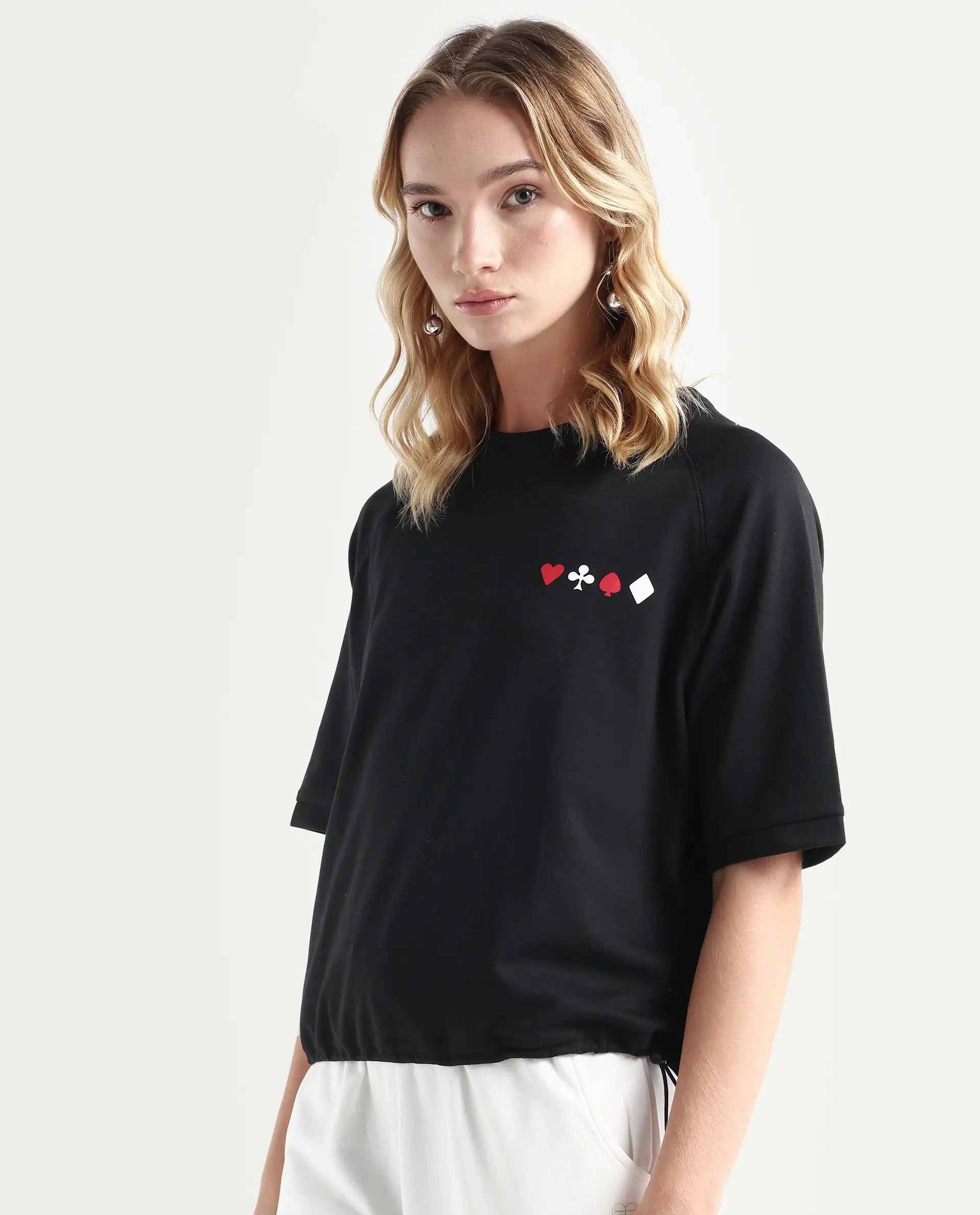Rareism Women's Berly Black Cotton Blend Crew Neck Graphic Print Relaxed Fit T-Shirt - Image 5