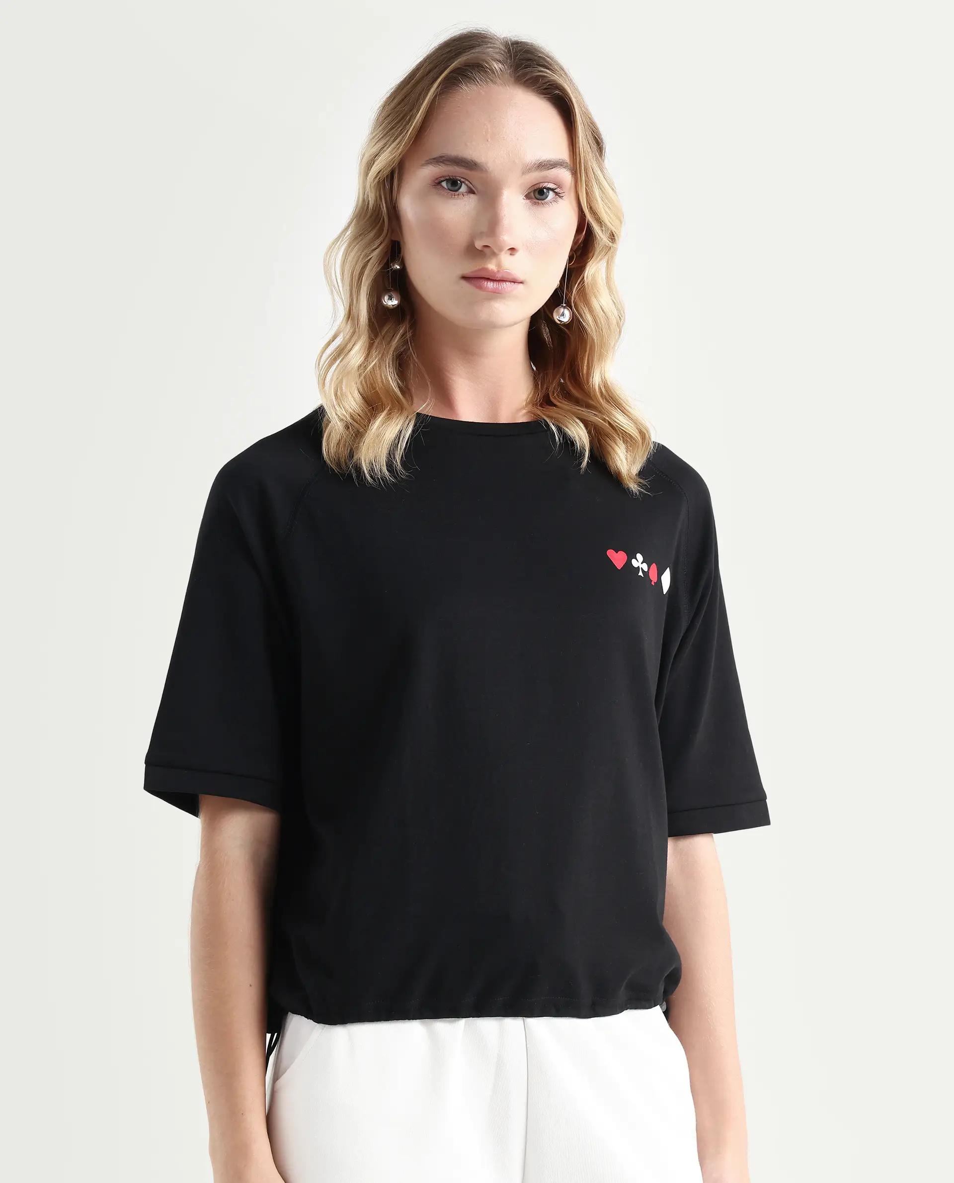 Rareism Women's Berly Black Cotton Blend Crew Neck Graphic Print Relaxed Fit T-Shirt - Image 6