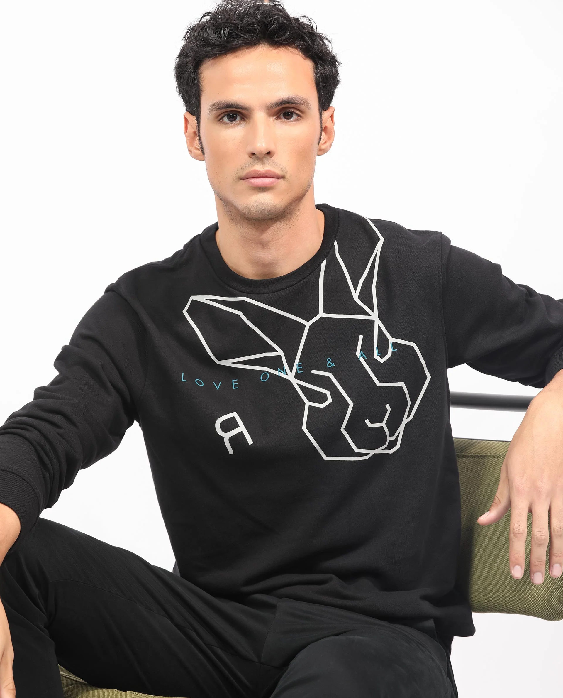 Rare Rabbit Men's Bermann Black Cotton Graphic Print Regular Fit Full Sleeve Crew Neck Sweatshirt - Image 7