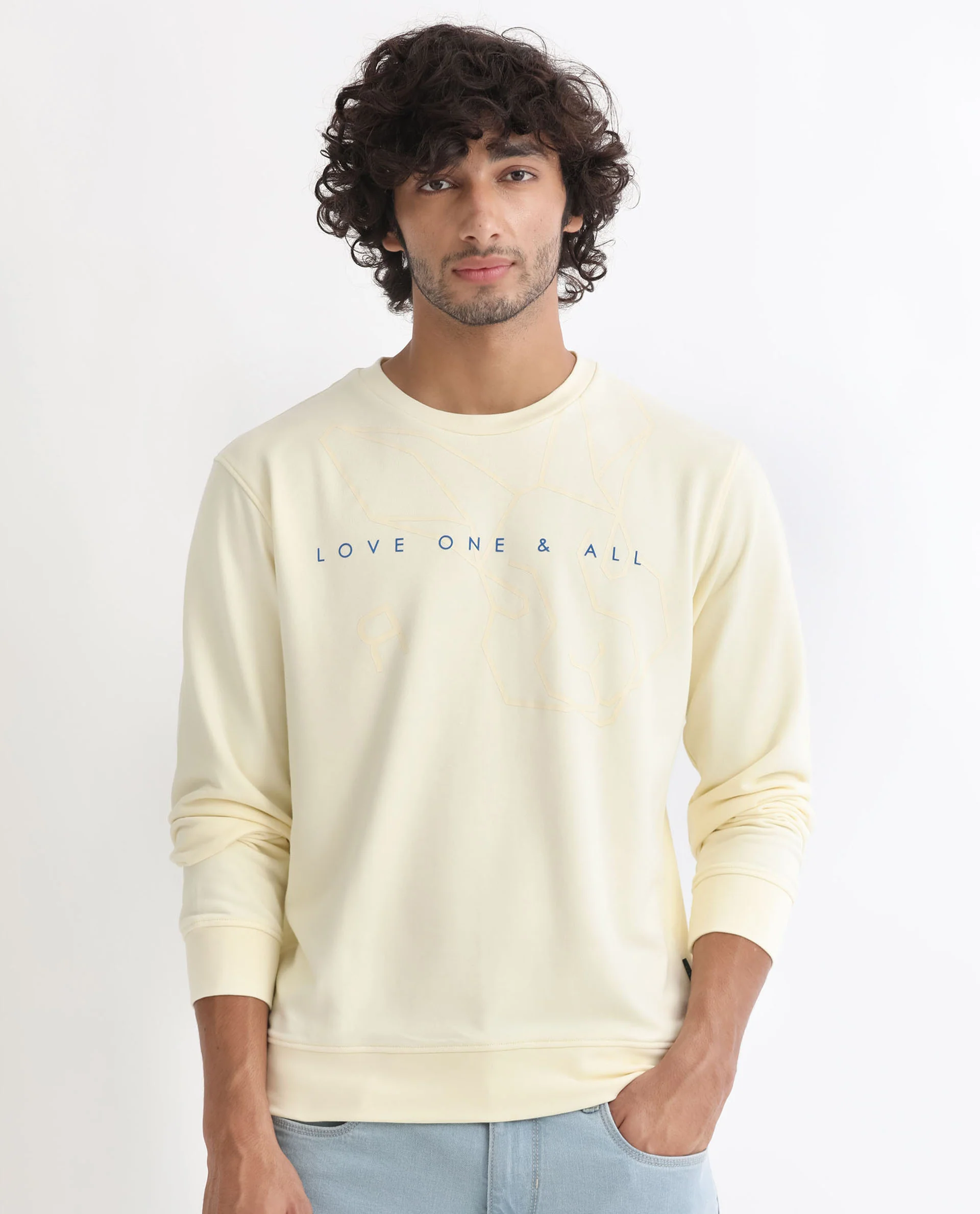 Rare Rabbit Men's Bermann Yellow Cotton Graphic Print Regular Fit Full Sleeve Crew Neck Sweatshirt - Image 2