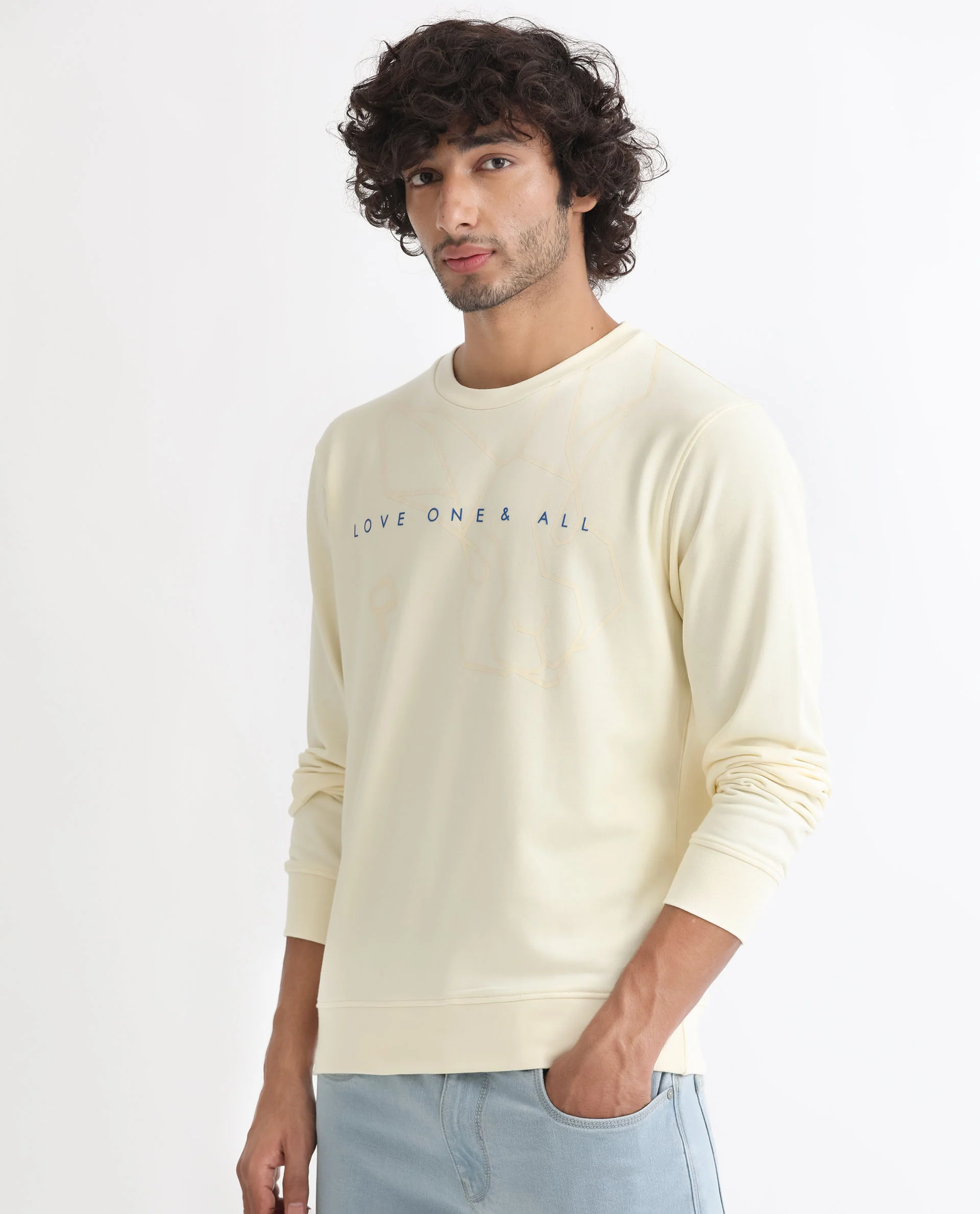 Rare Rabbit Men's Bermann Yellow Cotton Graphic Print Regular Fit Full Sleeve Crew Neck Sweatshirt - Image 3