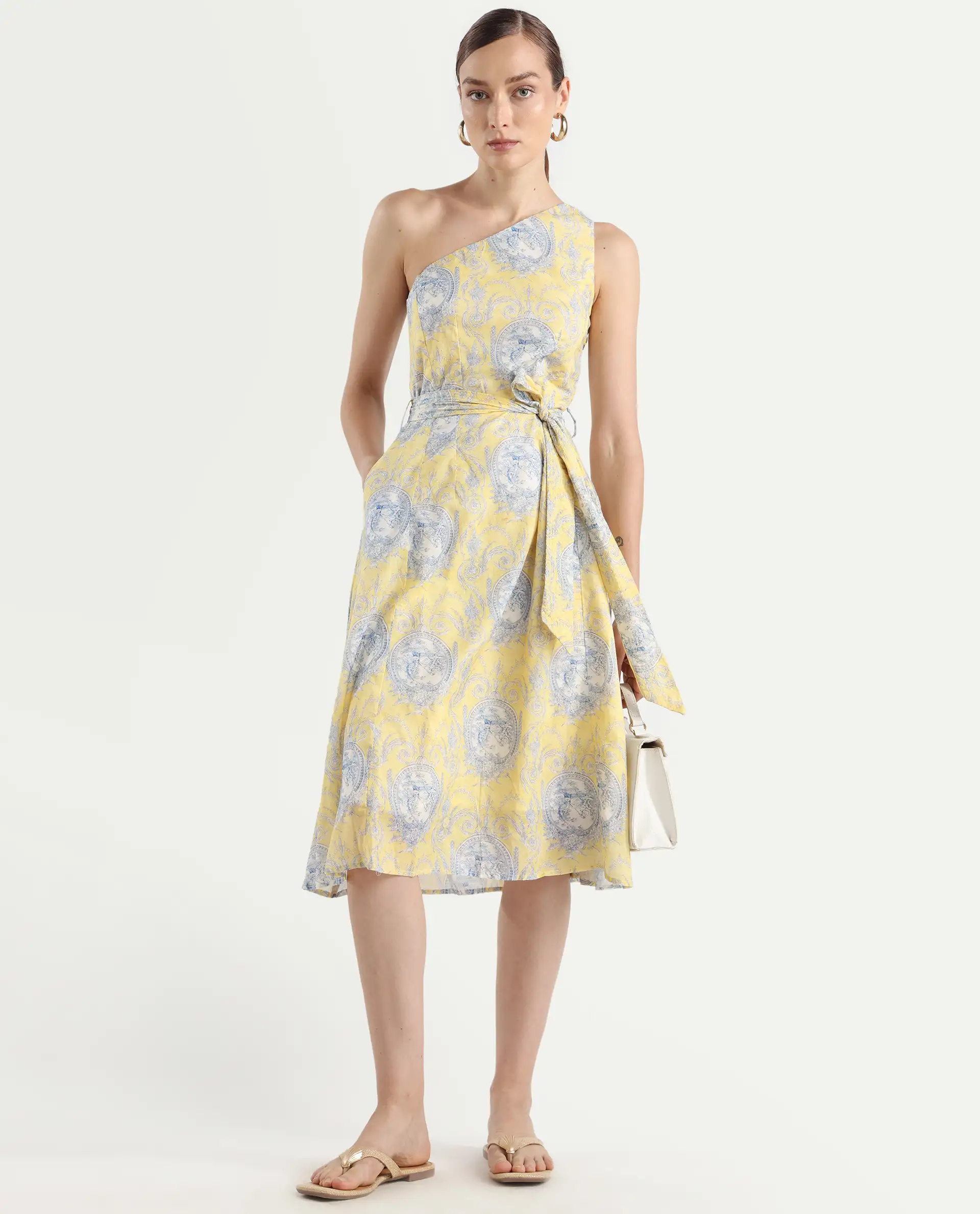 Rareism Women's Bermera Multi Cotton One Shoulder Ornamental Print One Shoulder Midi Fit And Flare Dress