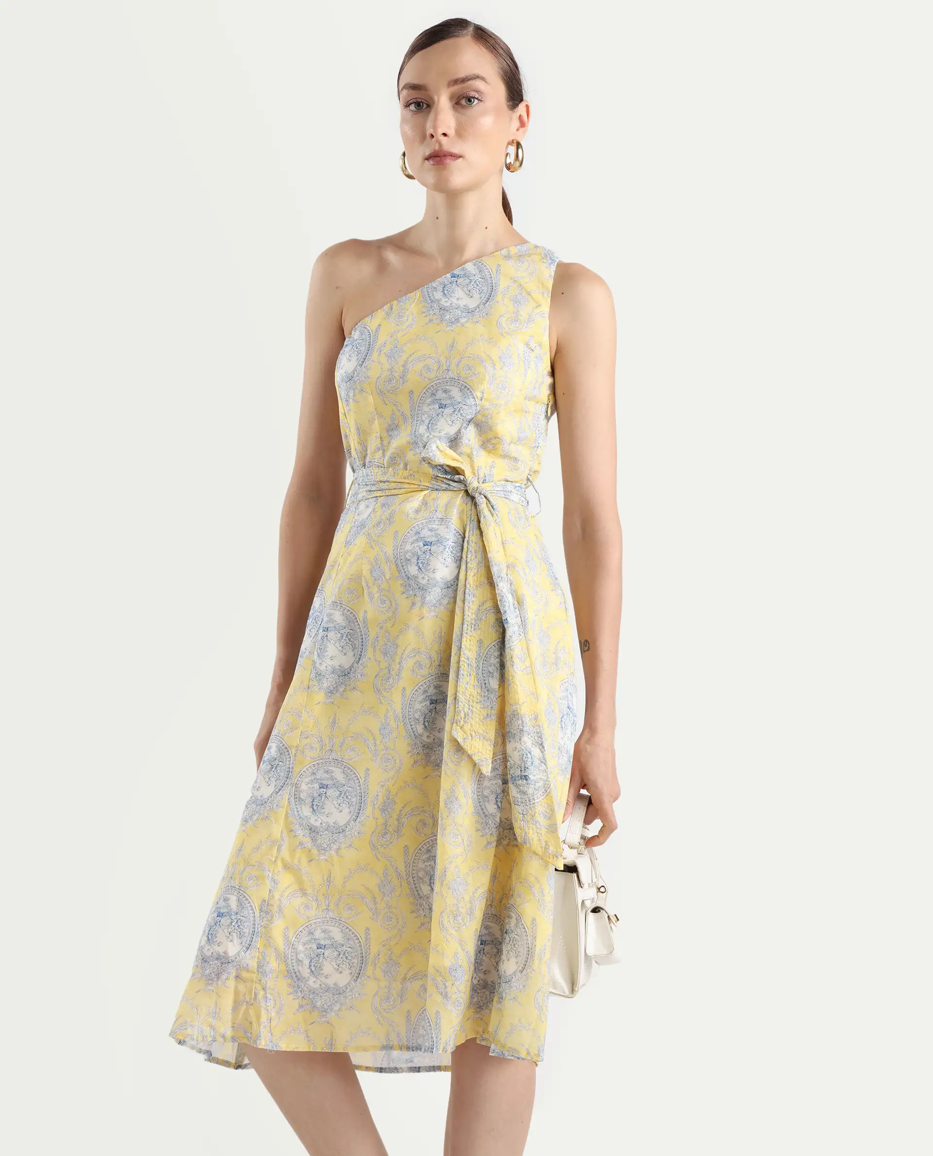 Rareism Women's Bermera Multi Cotton One Shoulder Ornamental Print One Shoulder Midi Fit And Flare Dress - Image 2