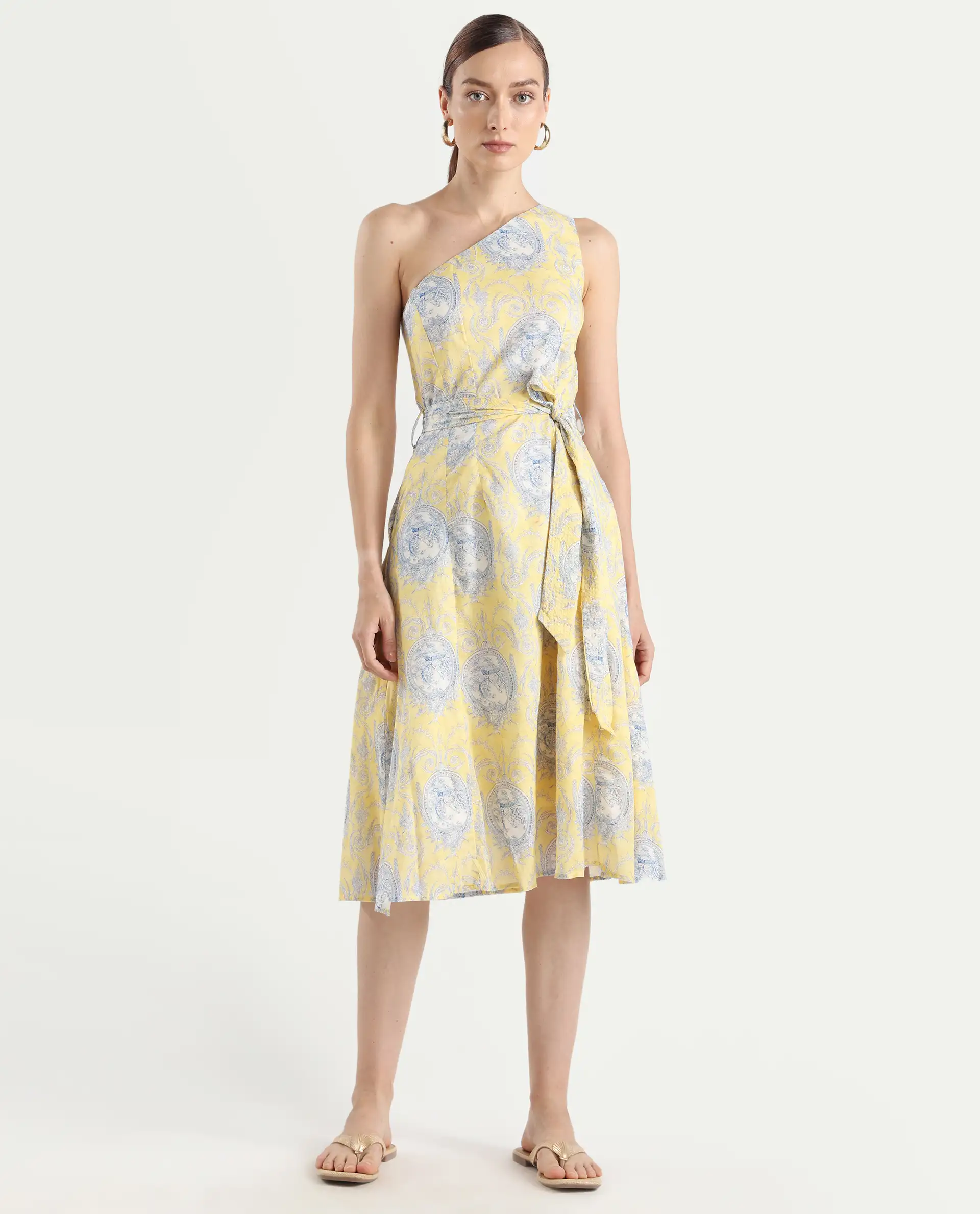 Rareism Women's Bermera Multi Cotton One Shoulder Ornamental Print One Shoulder Midi Fit And Flare Dress - Image 3