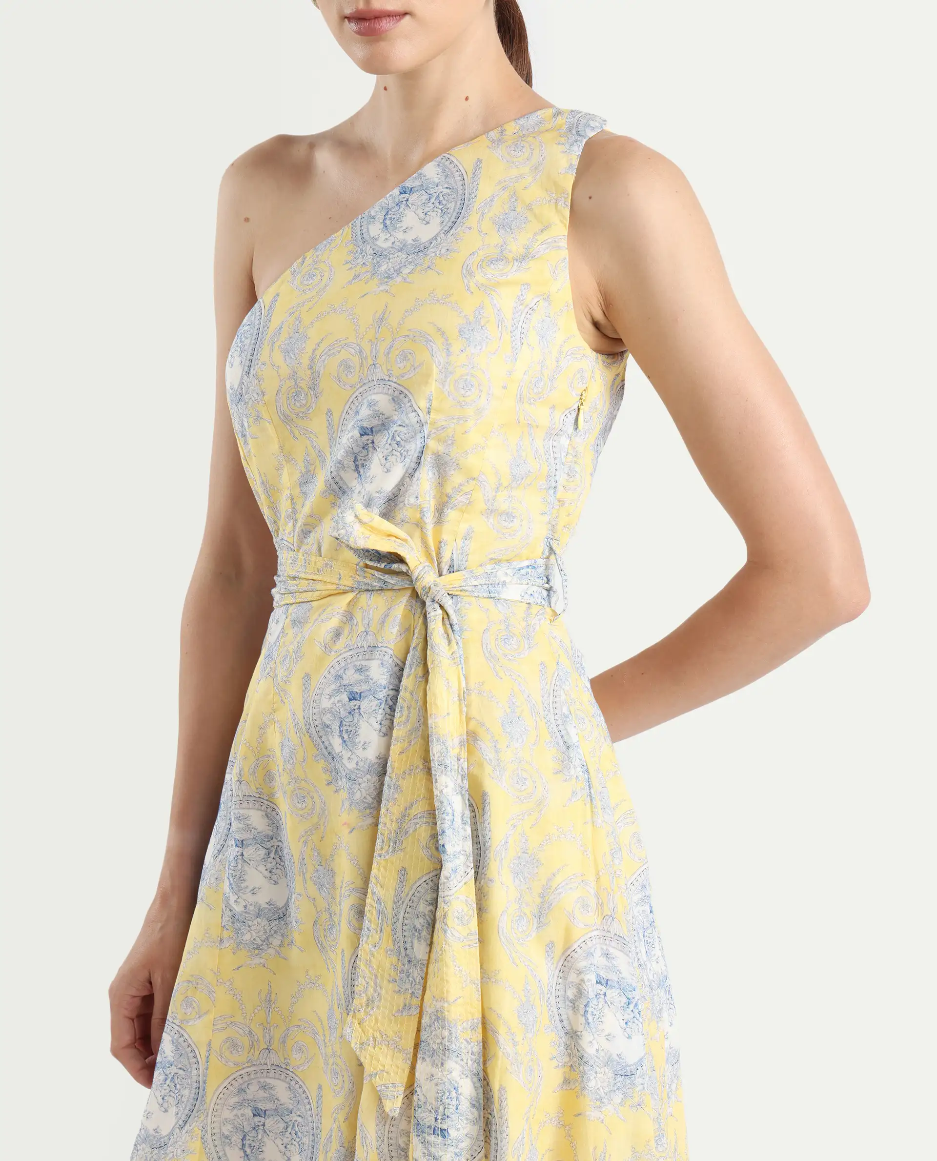 Rareism Women's Bermera Multi Cotton One Shoulder Ornamental Print One Shoulder Midi Fit And Flare Dress - Image 4