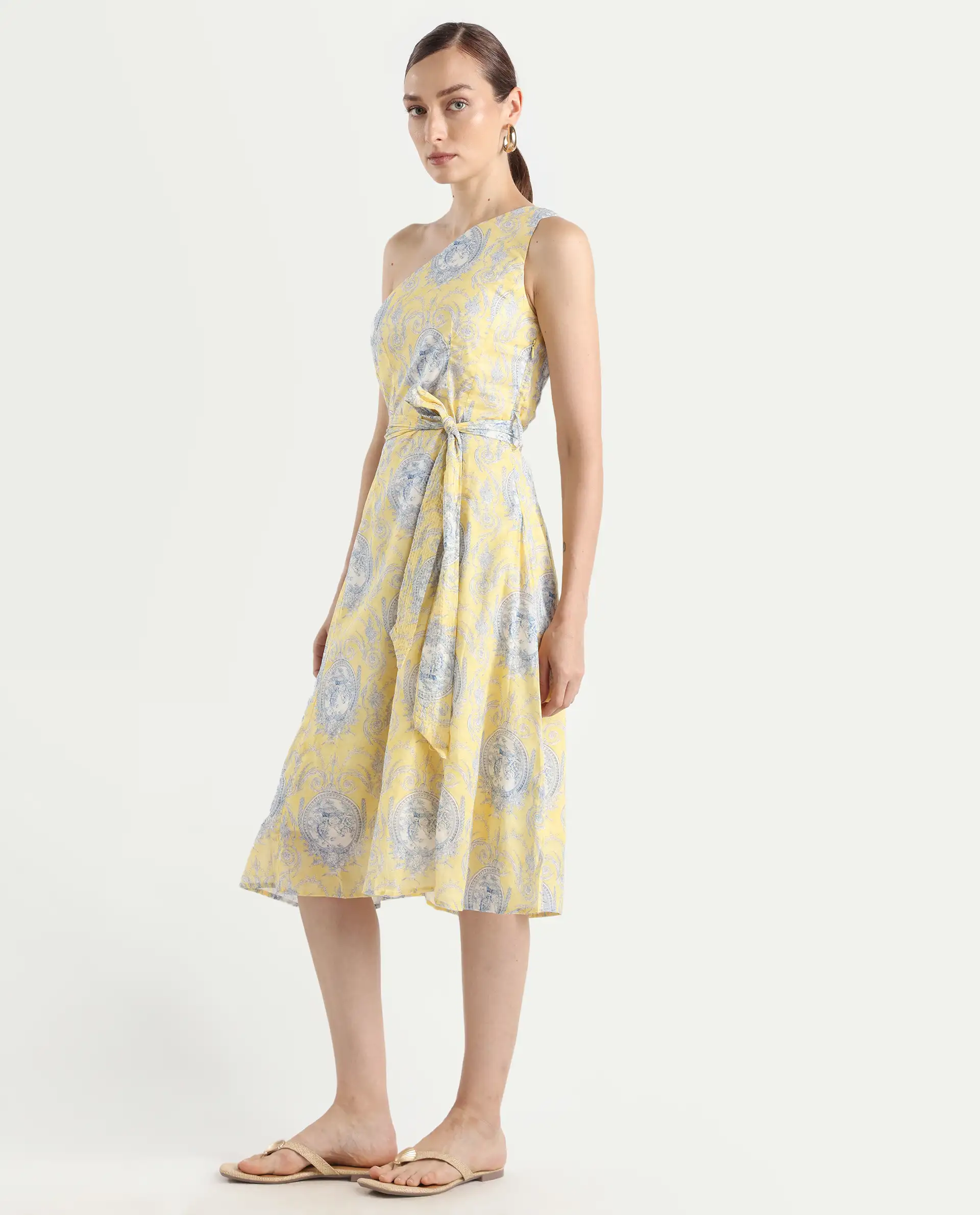 Rareism Women's Bermera Multi Cotton One Shoulder Ornamental Print One Shoulder Midi Fit And Flare Dress - Image 5