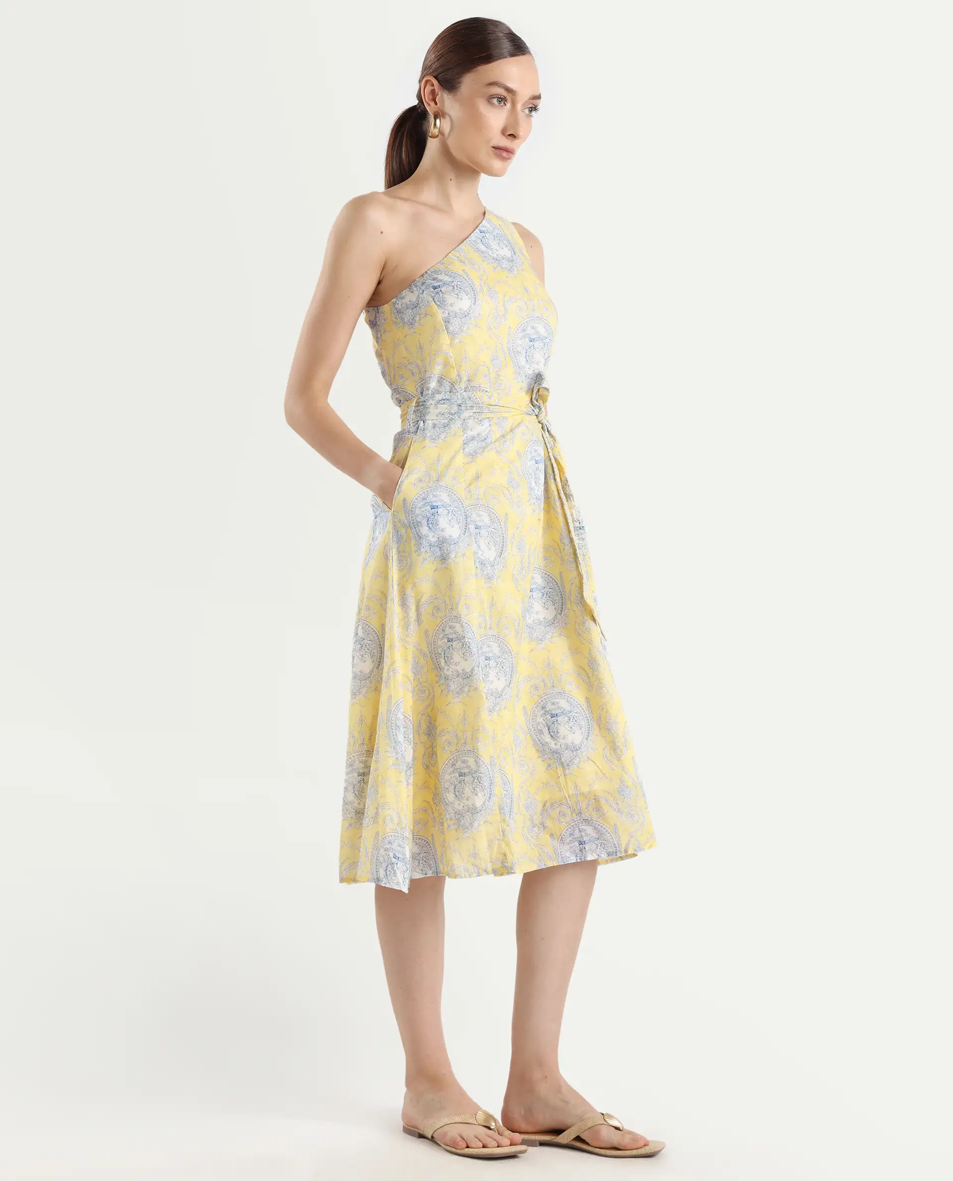 Rareism Women's Bermera Multi Cotton One Shoulder Ornamental Print One Shoulder Midi Fit And Flare Dress - Image 6