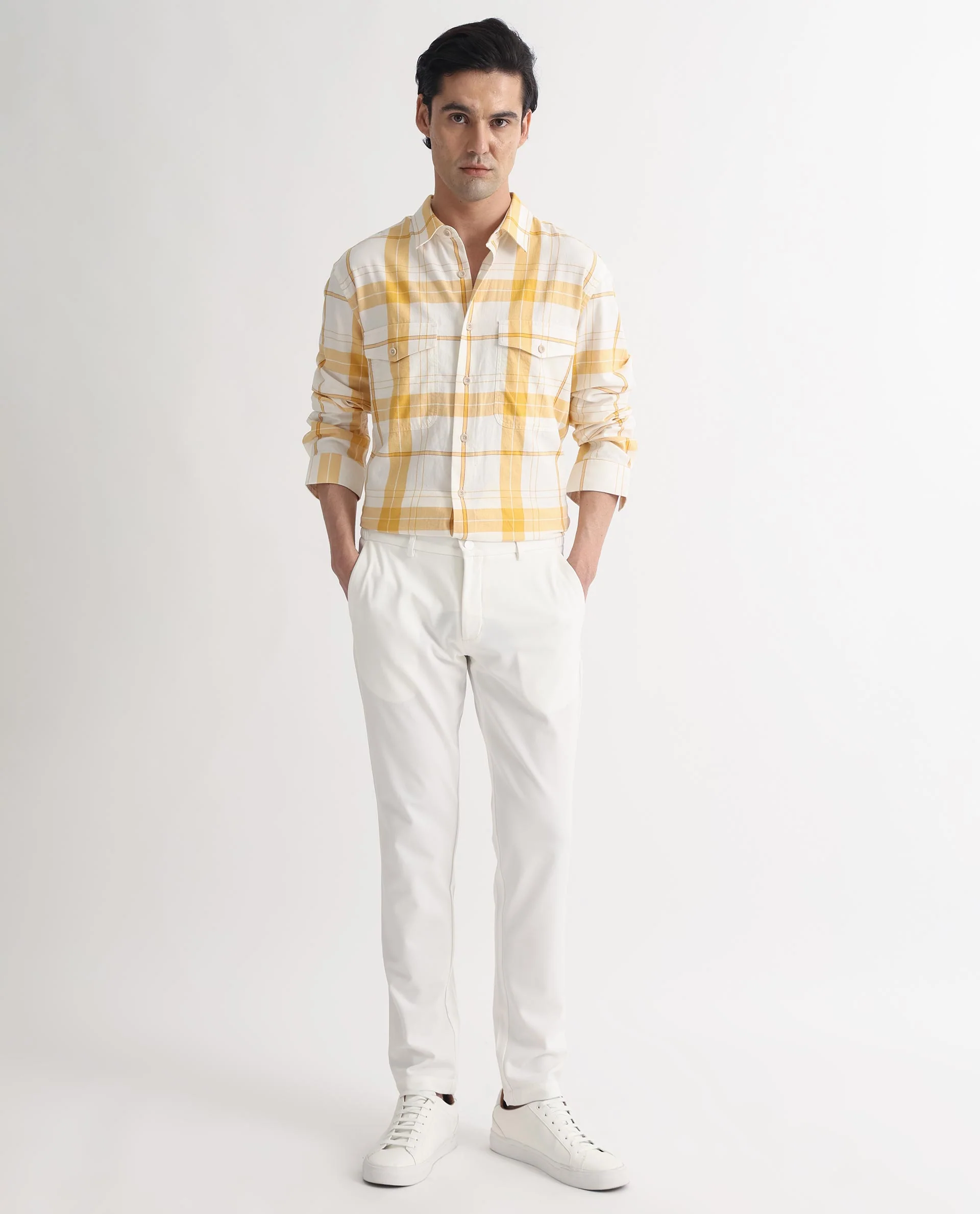 Rare Rabbit Men's Bern Yellow Cotton Checked Print Regular Fit Full Sleeve Collared Shirt - Image 2