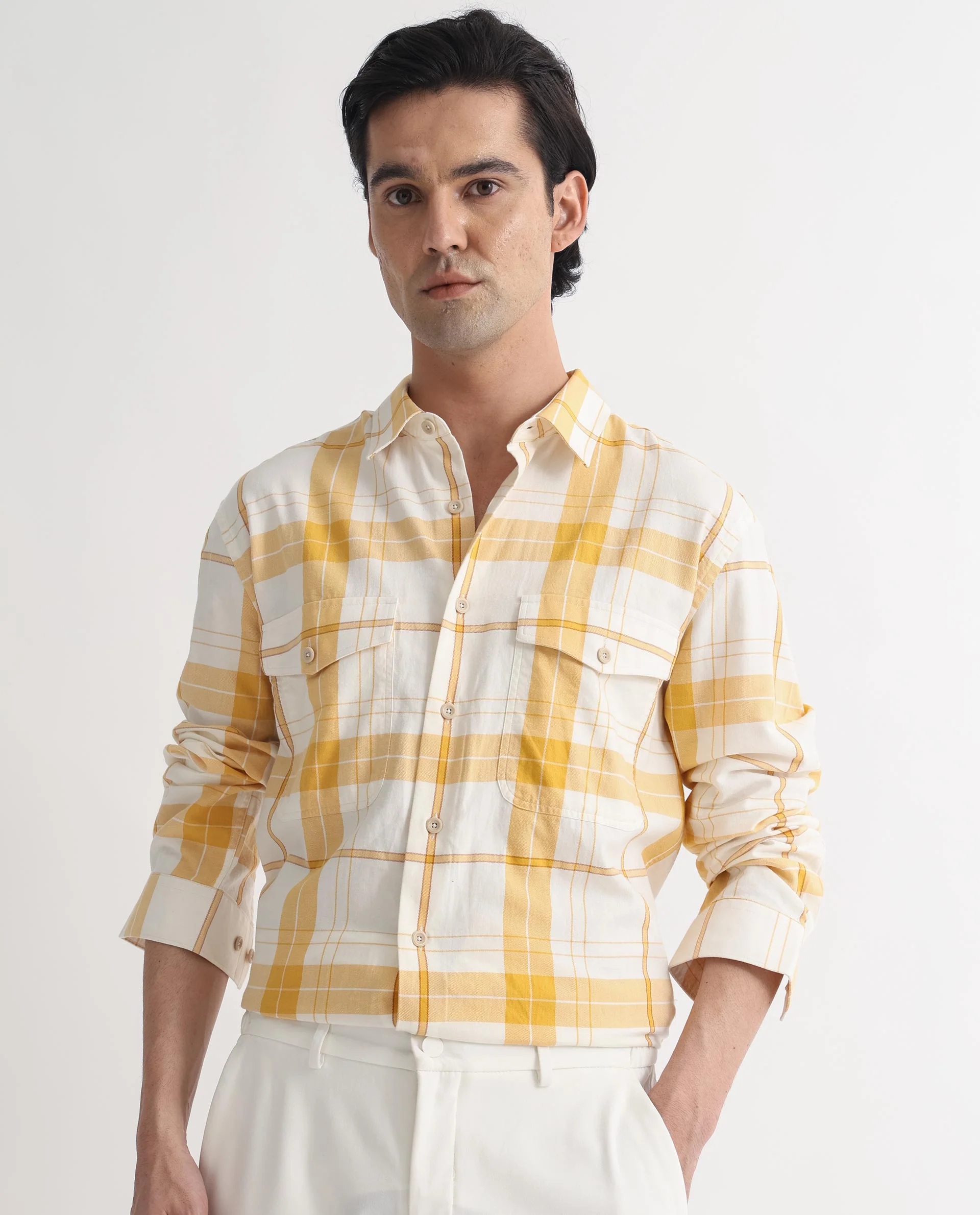 Rare Rabbit Men's Bern Yellow Cotton Checked Print Regular Fit Full Sleeve Collared Shirt - Image 3