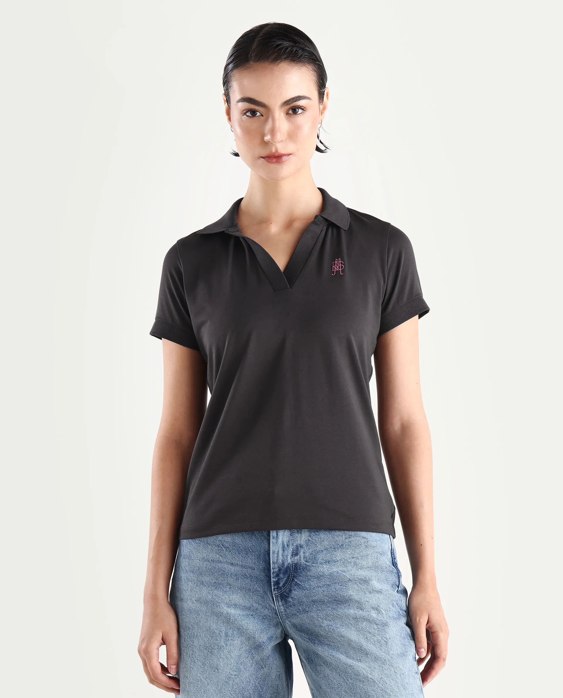 Rareism Women's Bern Dark Grey Cotton Blend Polo Neck Plain Regular Fit Polo - Image 3