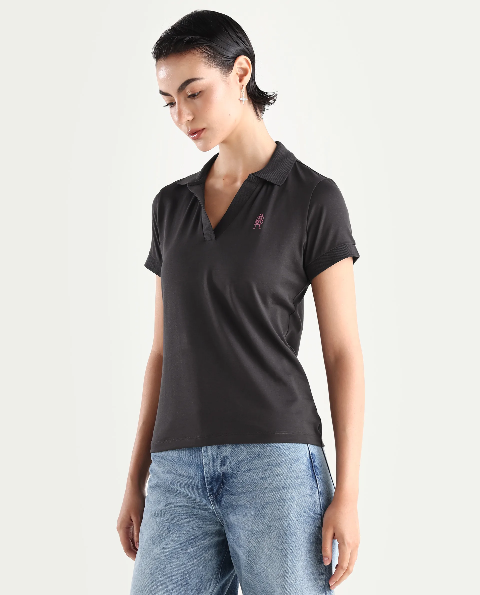 Rareism Women's Bern Dark Grey Cotton Blend Polo Neck Plain Regular Fit Polo - Image 4