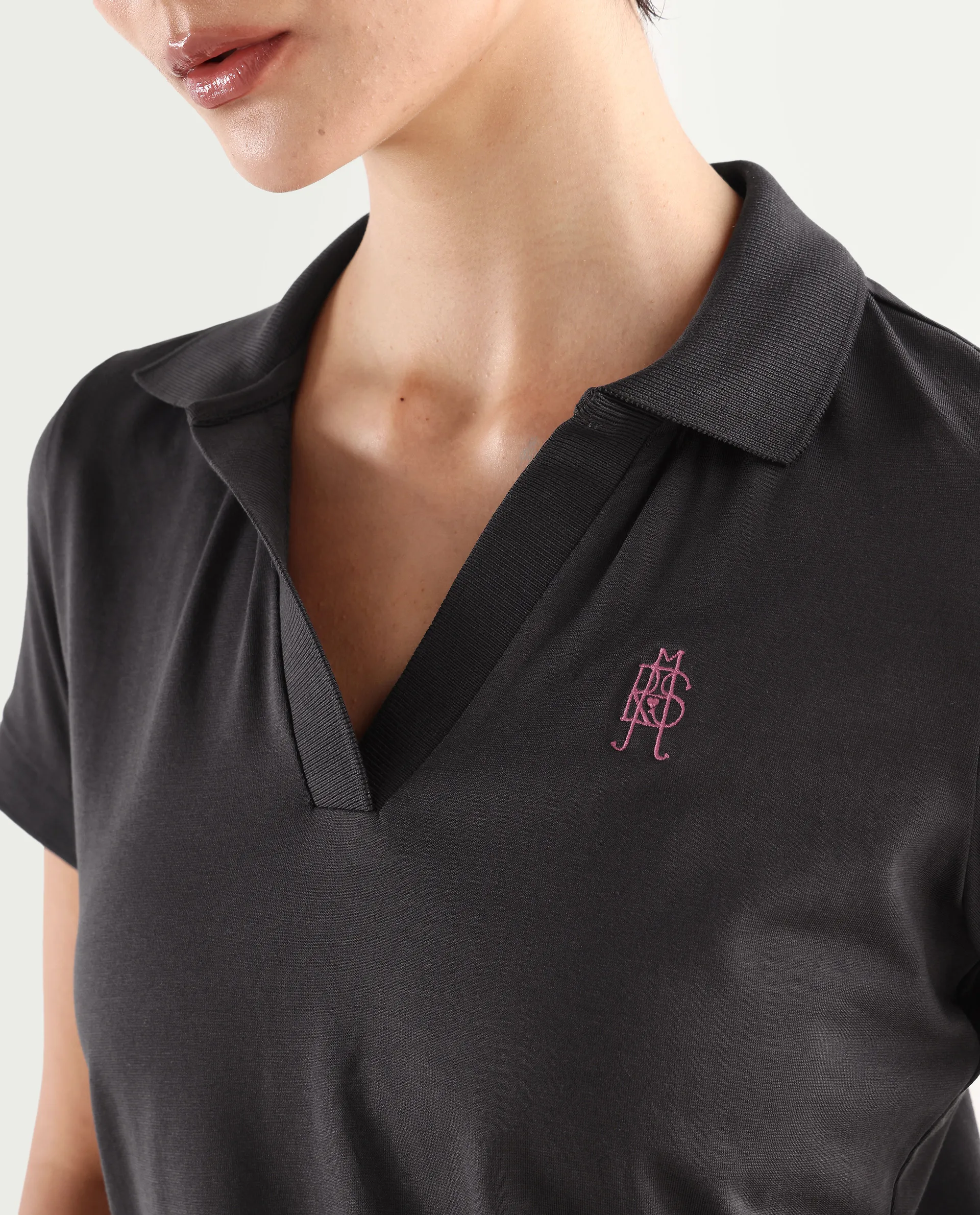 Rareism Women's Bern Dark Grey Cotton Blend Polo Neck Plain Regular Fit Polo - Image 5