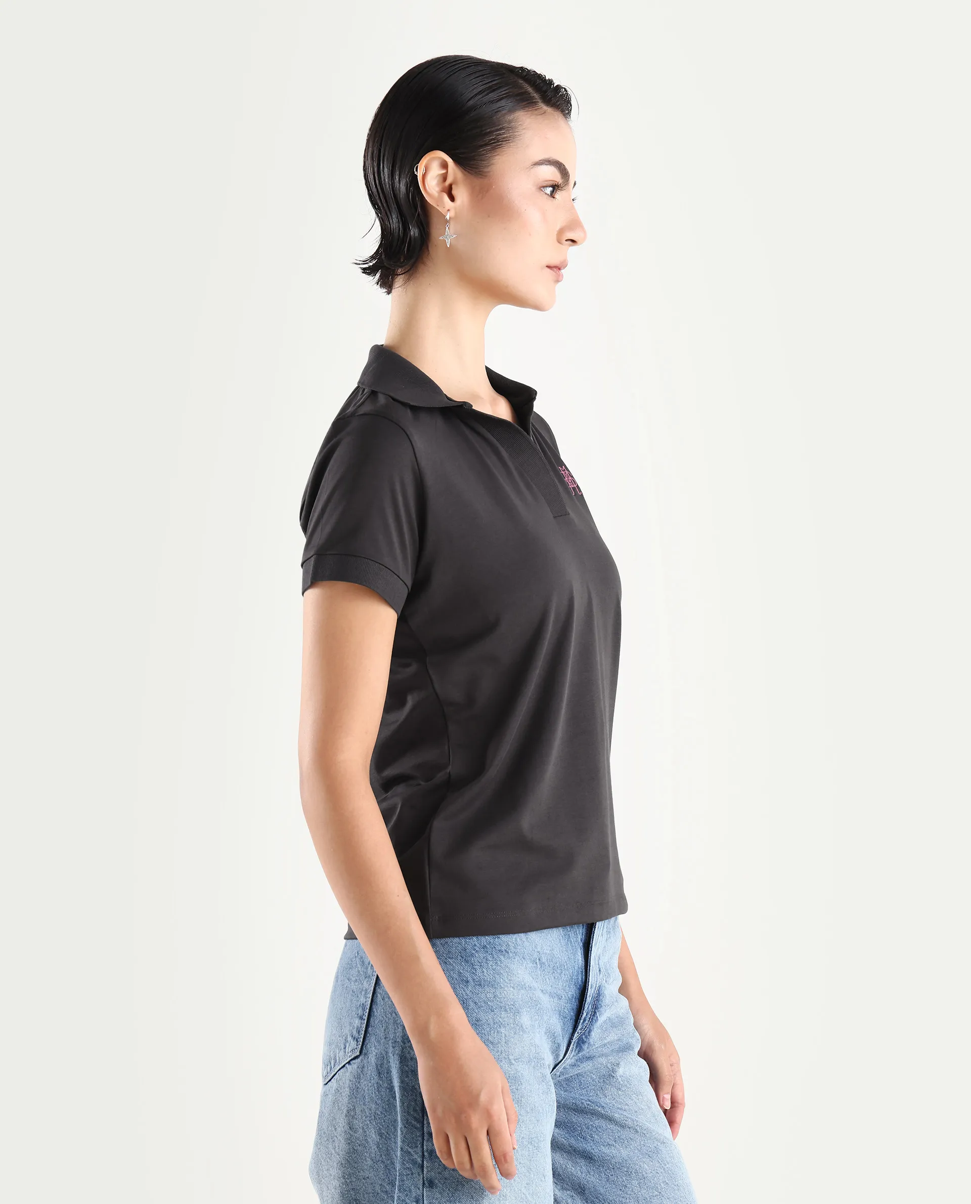 Rareism Women's Bern Dark Grey Cotton Blend Polo Neck Plain Regular Fit Polo - Image 6