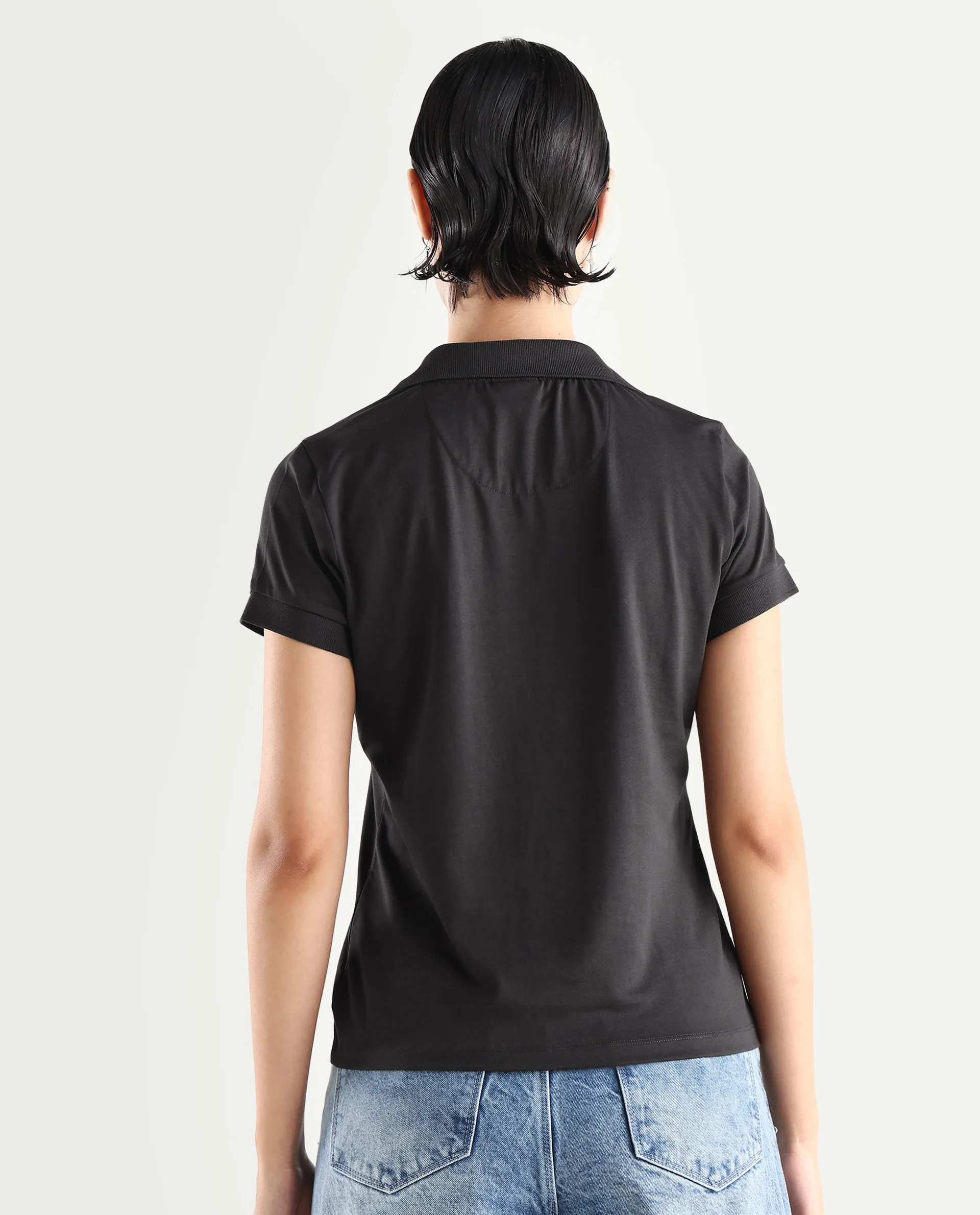 Rareism Women's Bern Dark Grey Cotton Blend Polo Neck Plain Regular Fit Polo - Image 7