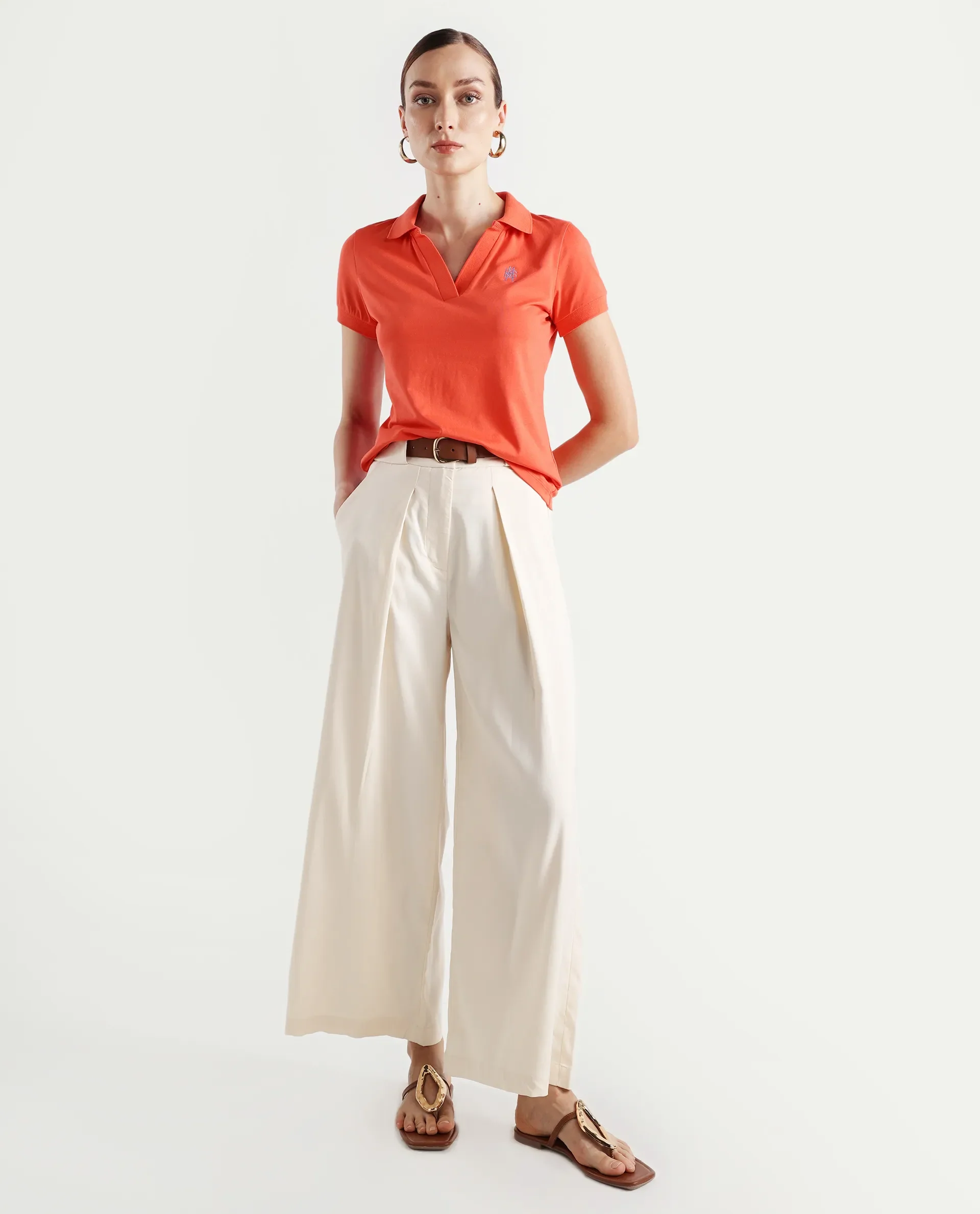 Rareism Women's Bern Orange Cotton Blend Polo Neck Plain Regular Fit Polo - Image 2