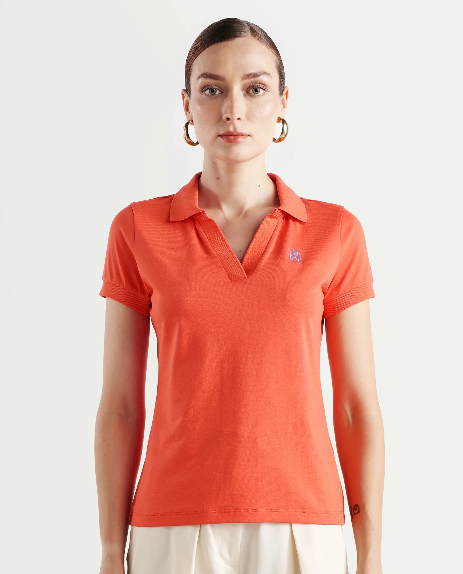 Rareism Women's Bern Orange Cotton Blend Polo Neck Plain Regular Fit Polo - Image 3