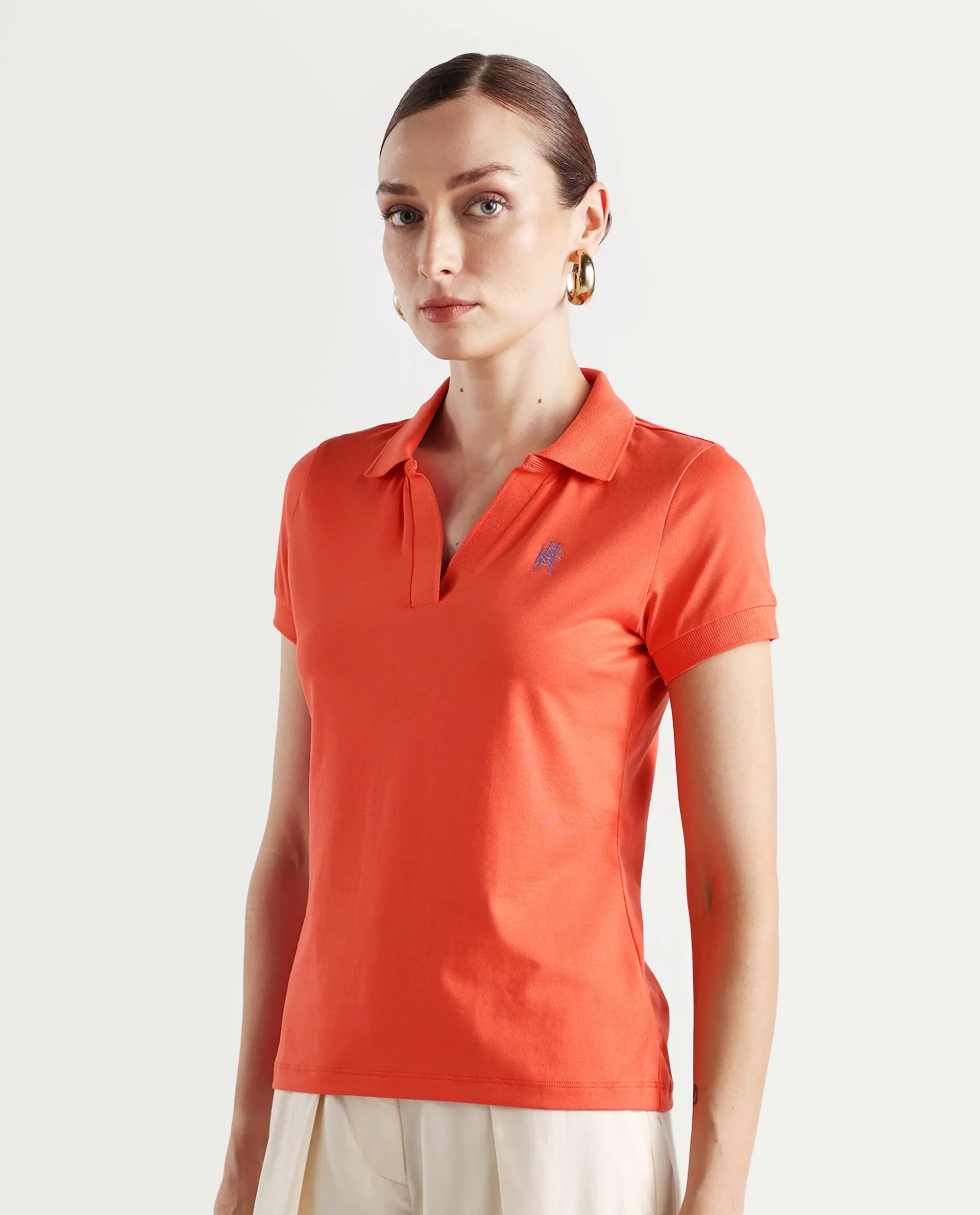 Rareism Women's Bern Orange Cotton Blend Polo Neck Plain Regular Fit Polo - Image 5