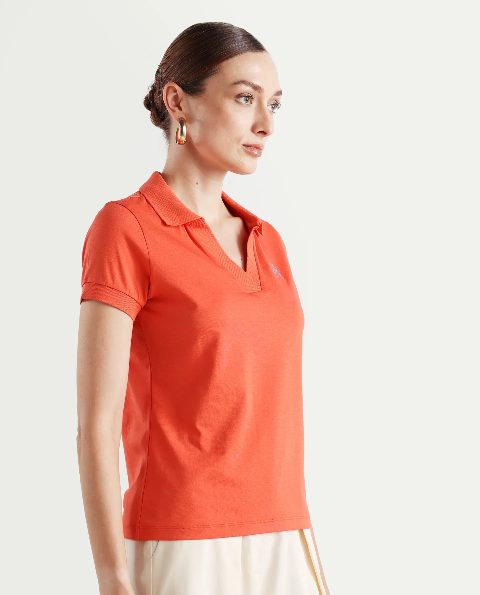 Rareism Women's Bern Orange Cotton Blend Polo Neck Plain Regular Fit Polo - Image 6