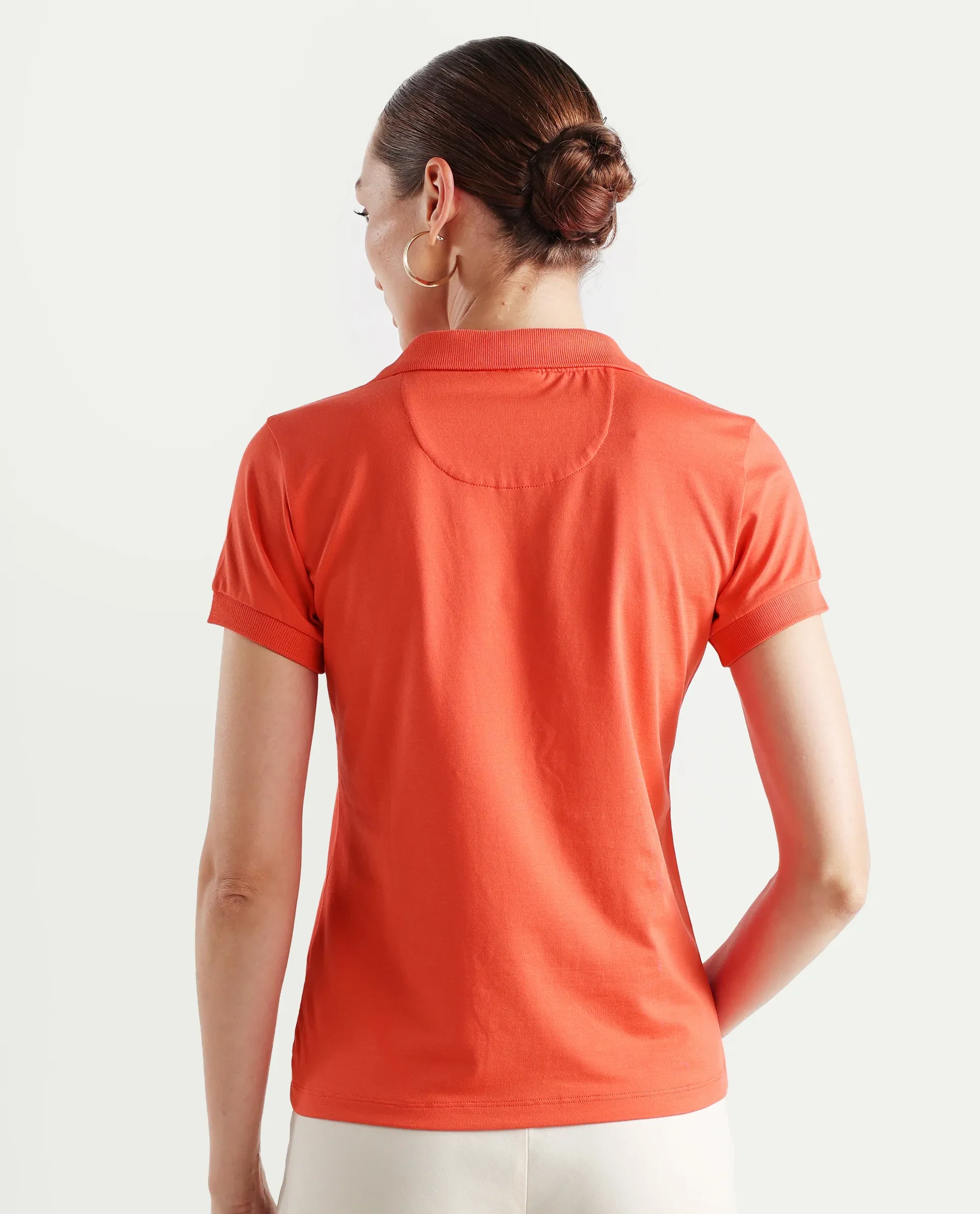 Rareism Women's Bern Orange Cotton Blend Polo Neck Plain Regular Fit Polo - Image 7