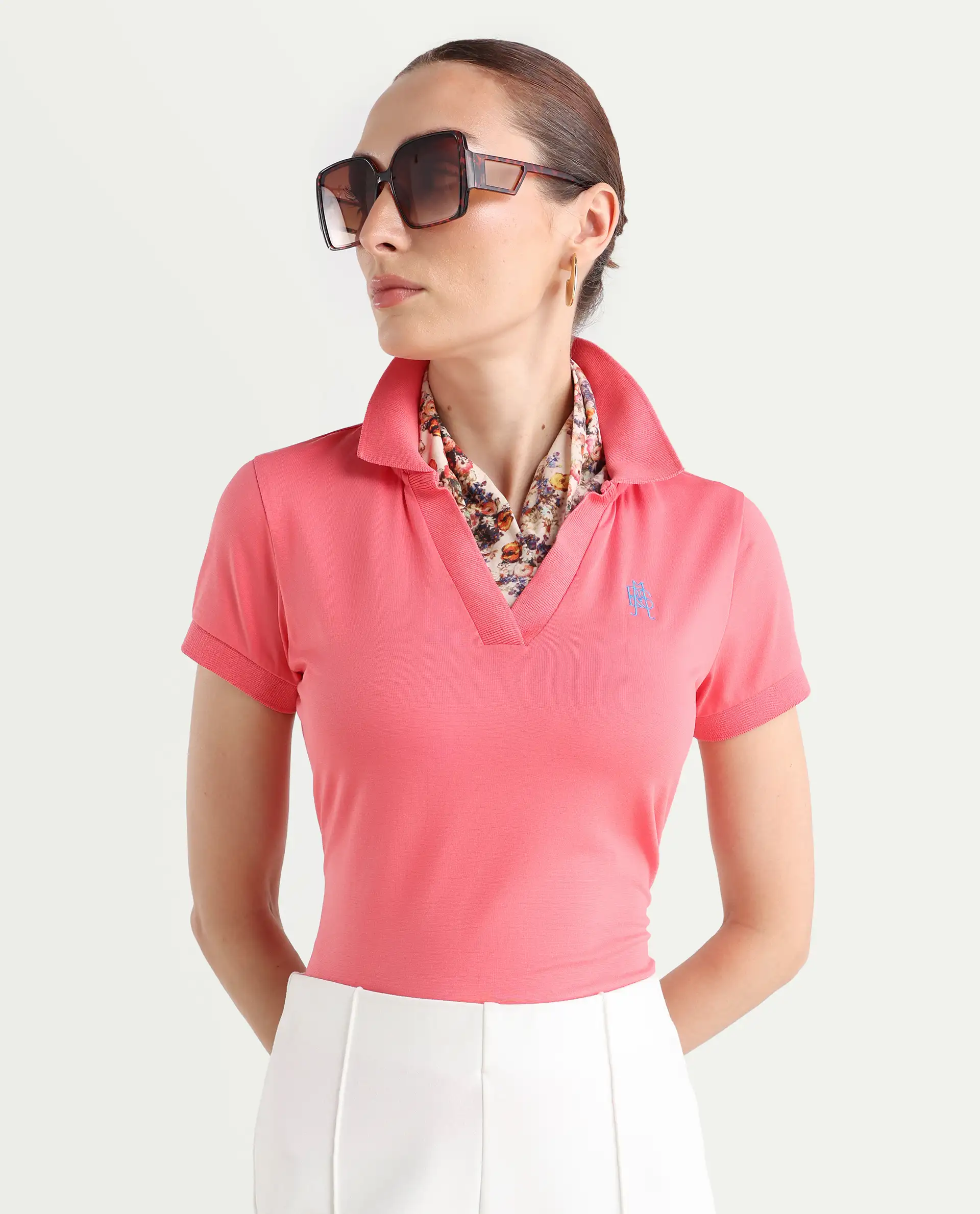 Rareism Women's Bern Pastel Orange Cotton Blend Polo Neck Plain Regular Fit Polo