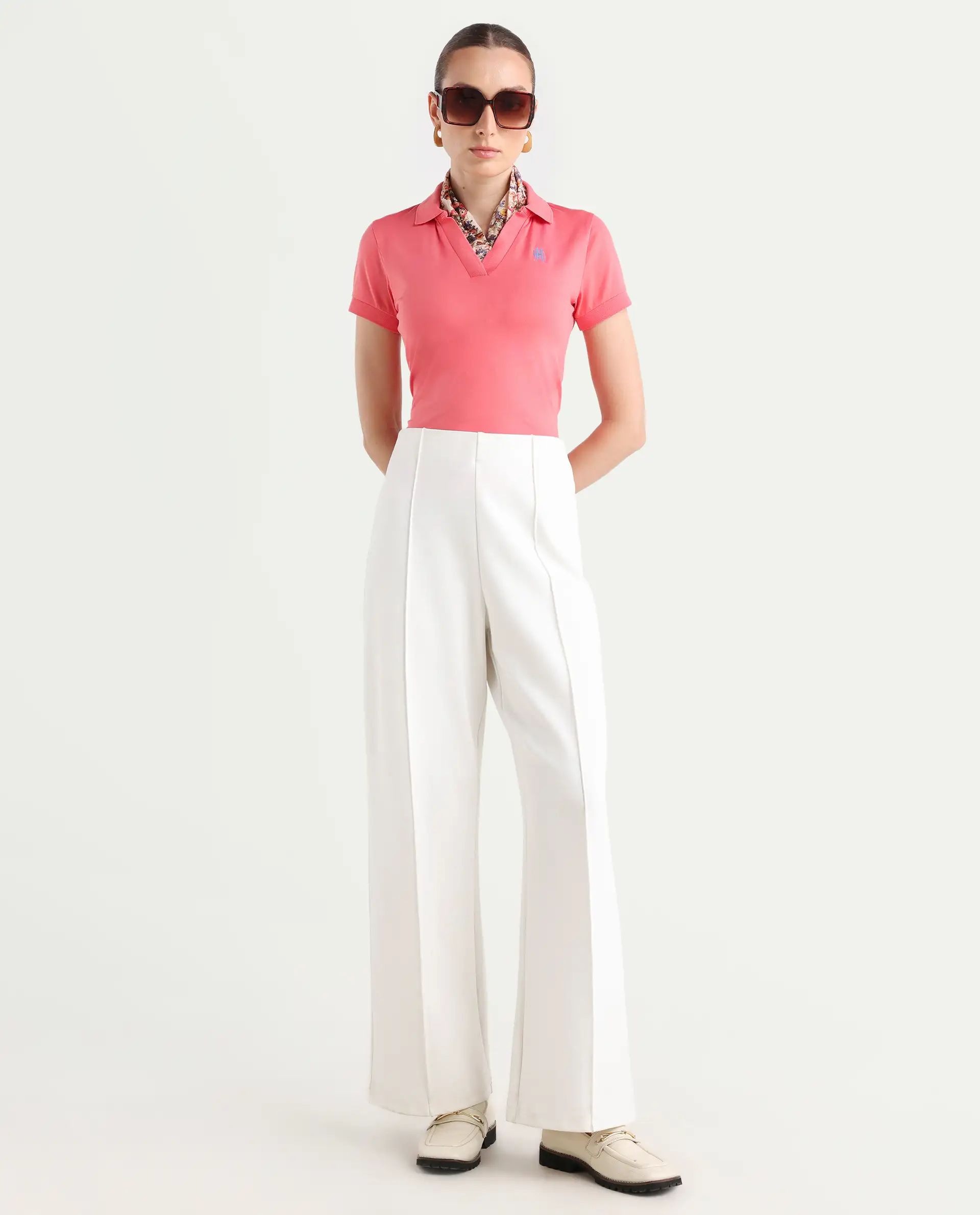 Rareism Women's Bern Pastel Orange Cotton Blend Polo Neck Plain Regular Fit Polo - Image 2