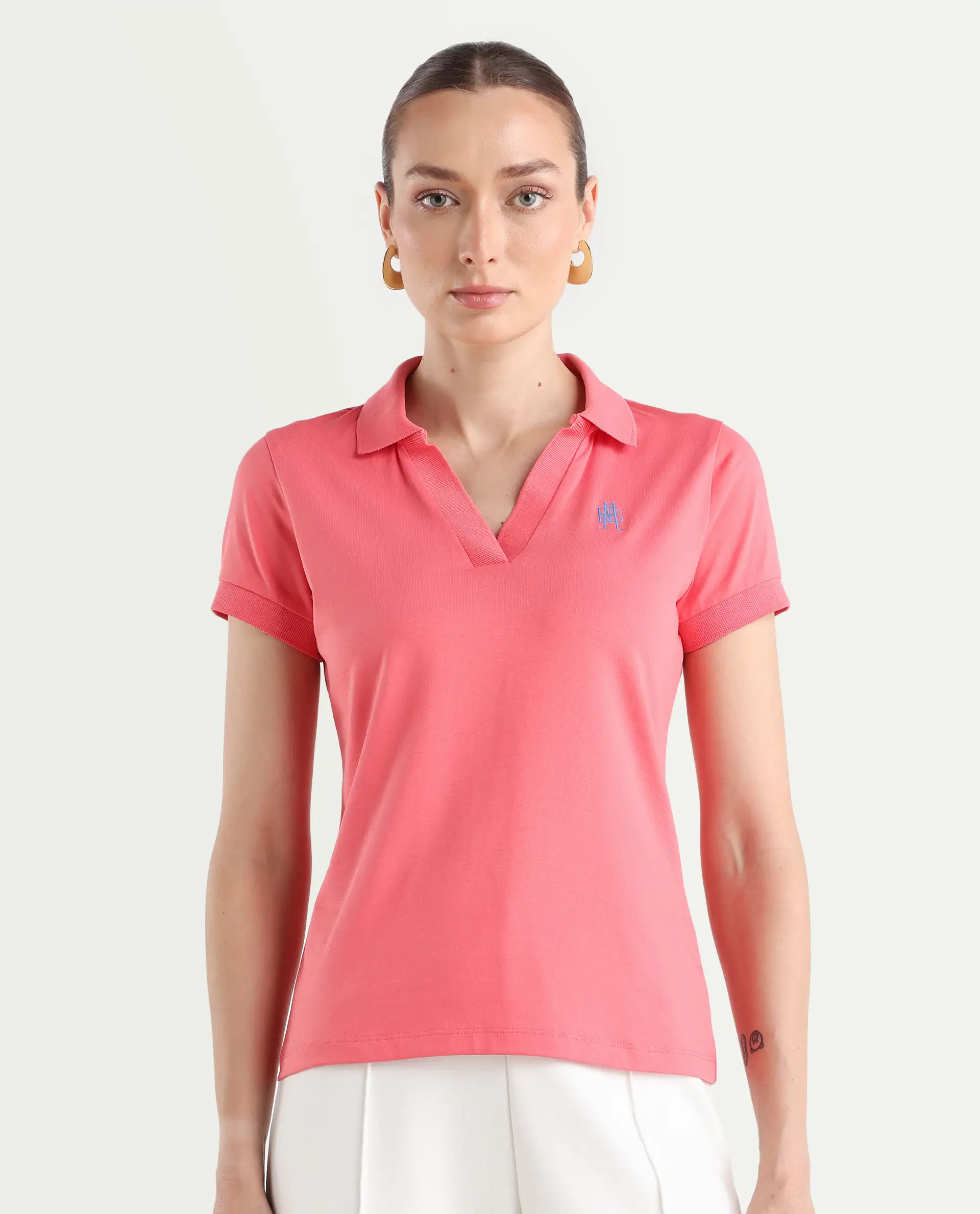 Rareism Women's Bern Pastel Orange Cotton Blend Polo Neck Plain Regular Fit Polo - Image 3