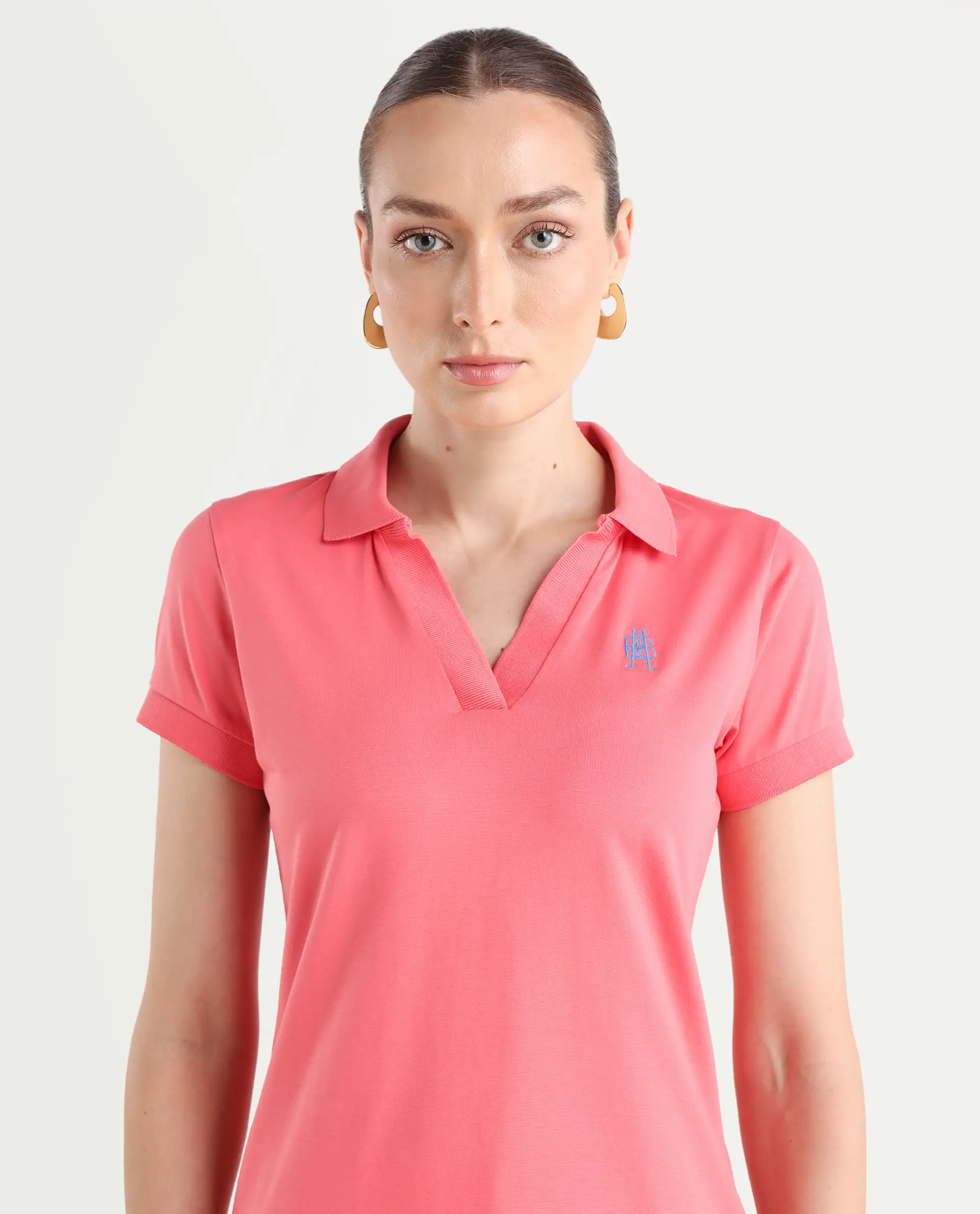 Rareism Women's Bern Pastel Orange Cotton Blend Polo Neck Plain Regular Fit Polo - Image 4