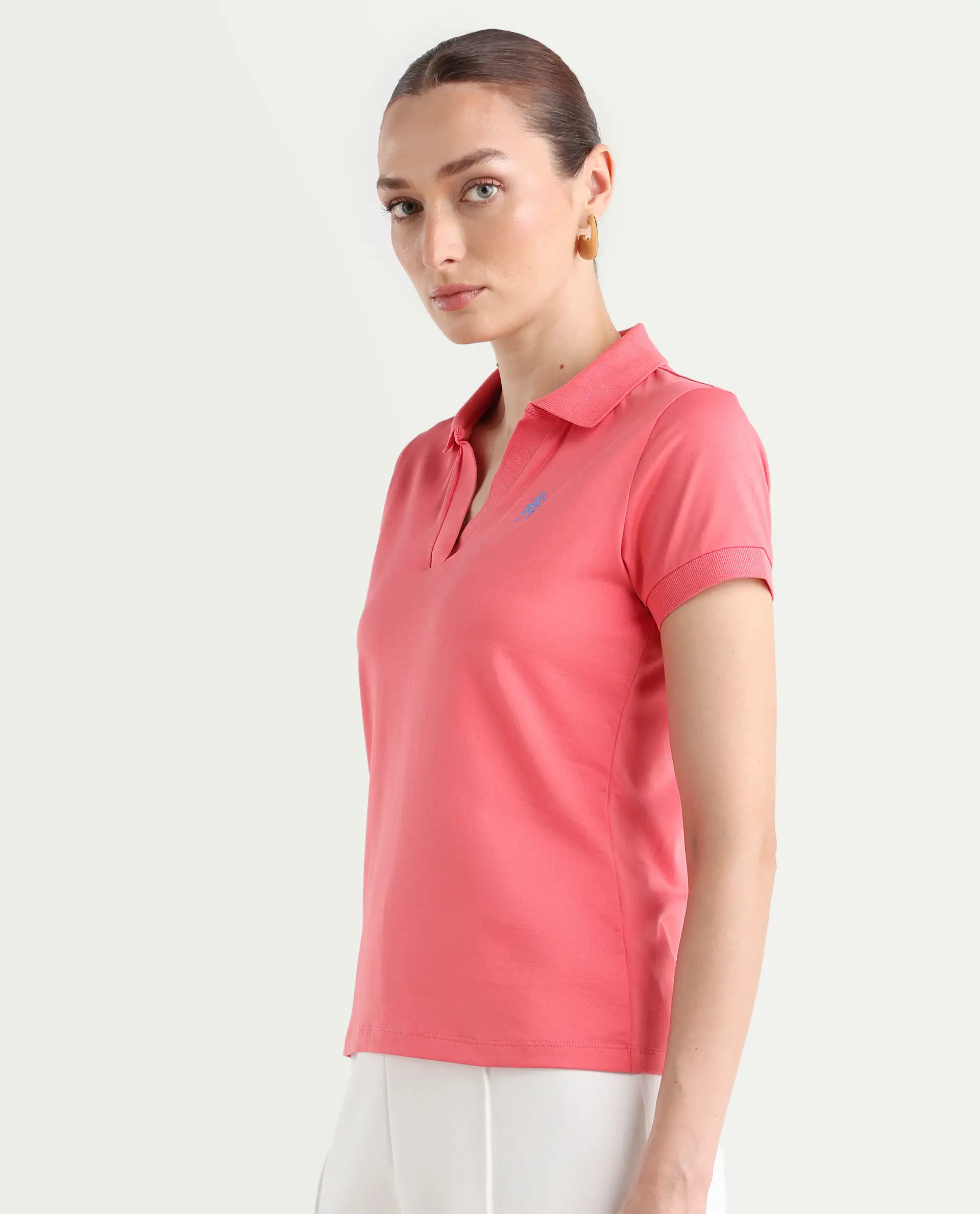Rareism Women's Bern Pastel Orange Cotton Blend Polo Neck Plain Regular Fit Polo - Image 5