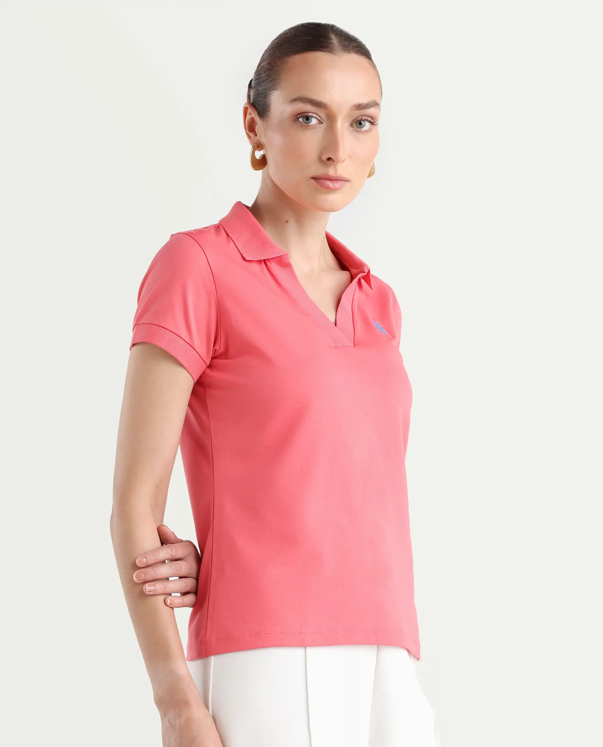 Rareism Women's Bern Pastel Orange Cotton Blend Polo Neck Plain Regular Fit Polo - Image 6