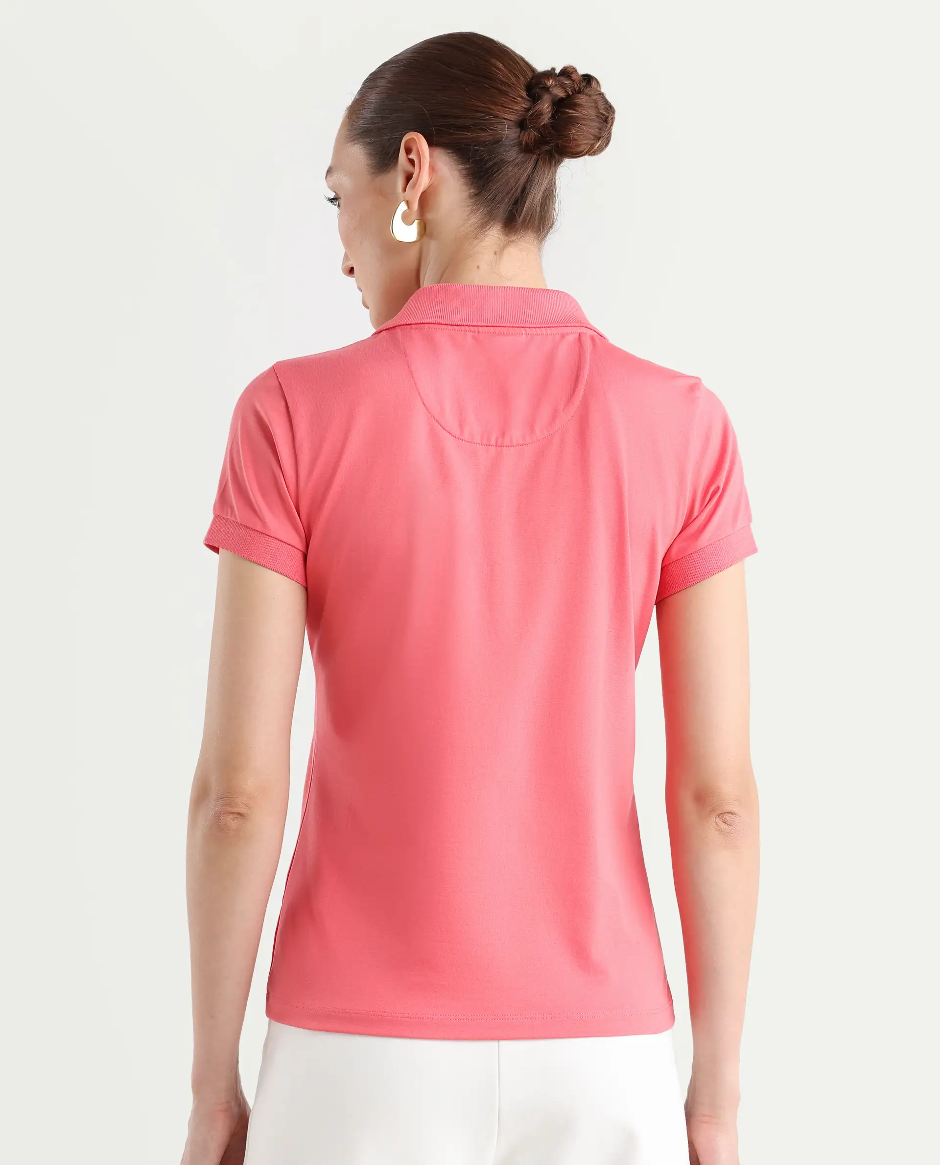 Rareism Women's Bern Pastel Orange Cotton Blend Polo Neck Plain Regular Fit Polo - Image 7