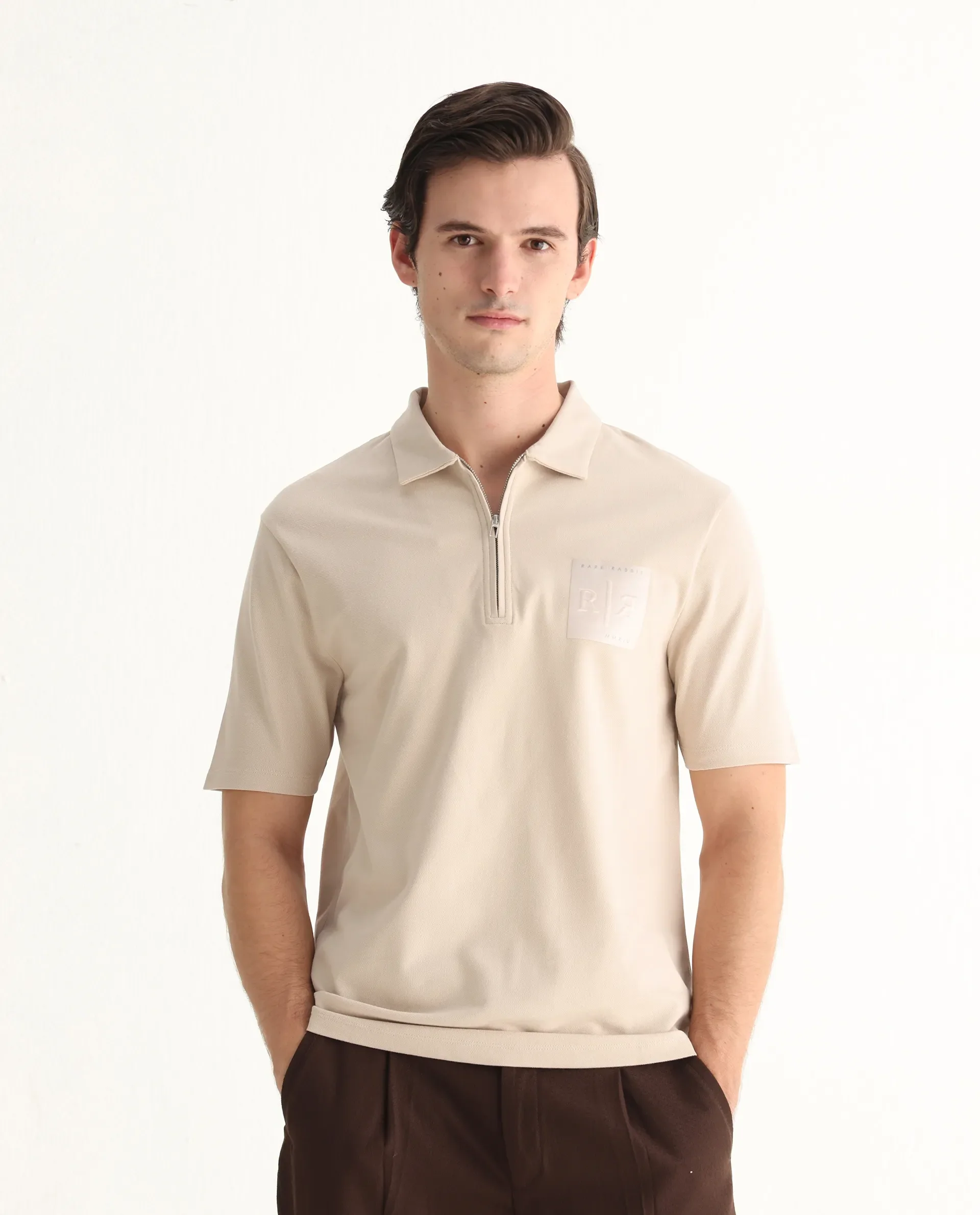 Rare Rabbit Men's Berner Beige Cotton Blend Graphic Print Regular Fit Half Sleeve Polo - Image 4